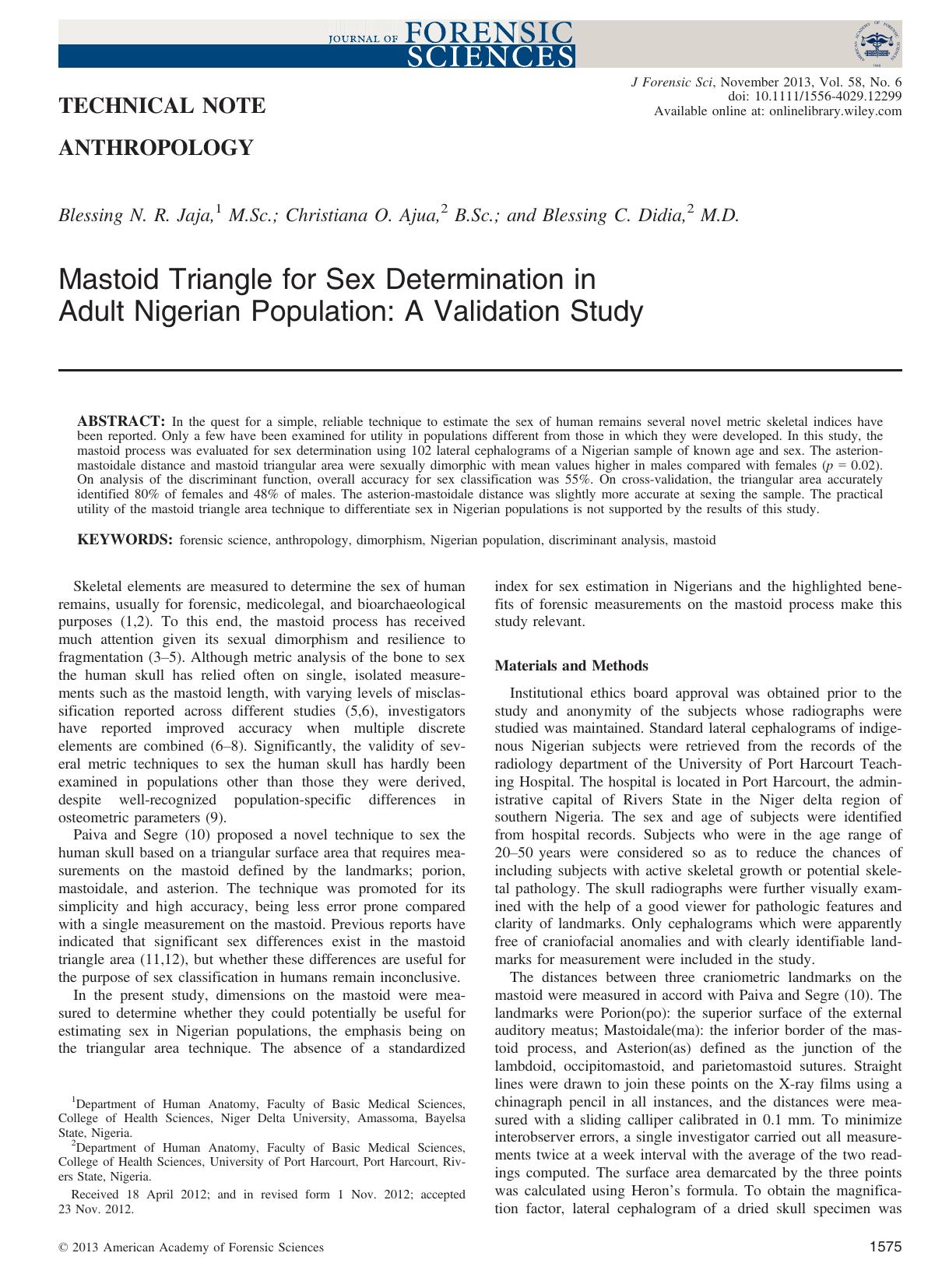 Mastoid Triangle for Sex Determination in Adult Nigerian Population: A Validation Study by Unknown