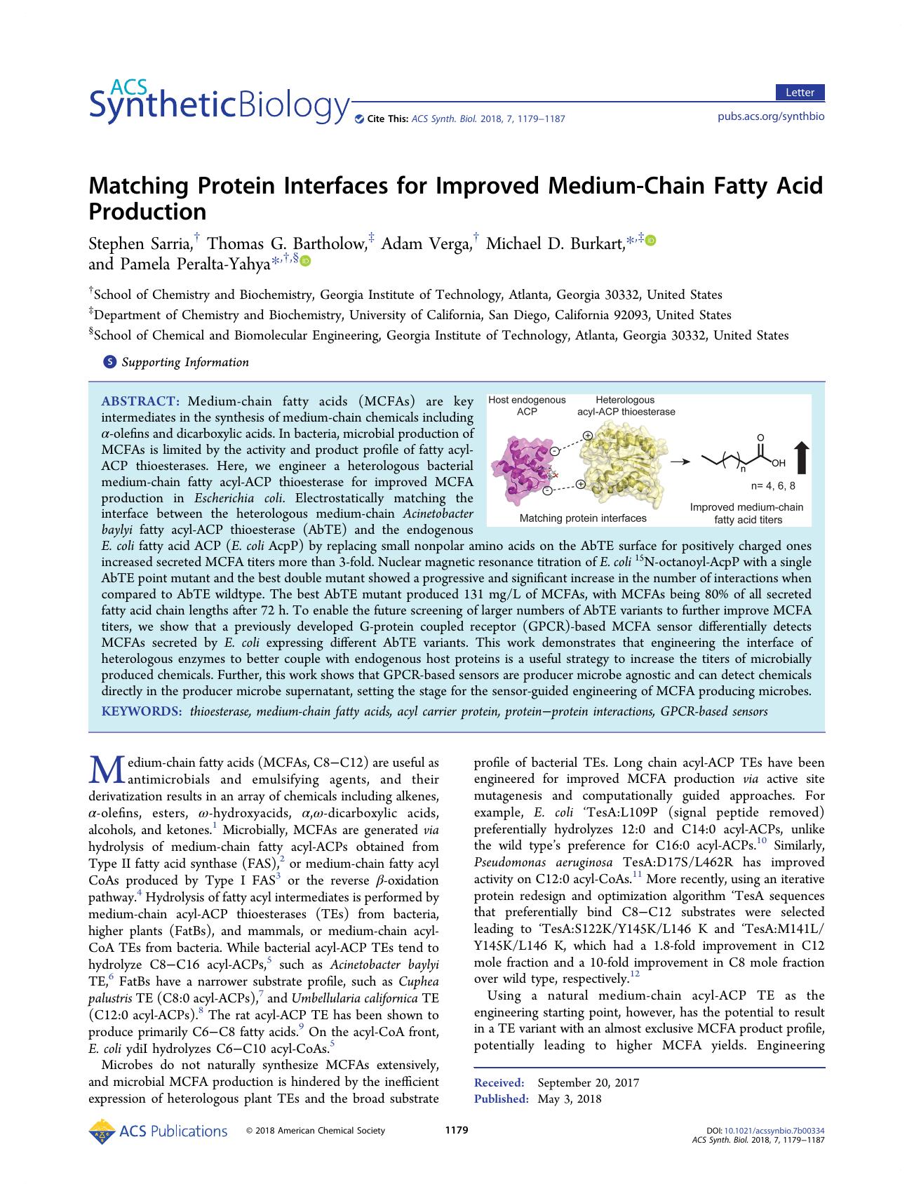 Matching Protein Interfaces for Improved Medium-Chain Fatty Acid Production by Stephen Sarria Thomas G. Bartholow Adam Verga Michael D. Burkart and Pamela Peralta-Yahya