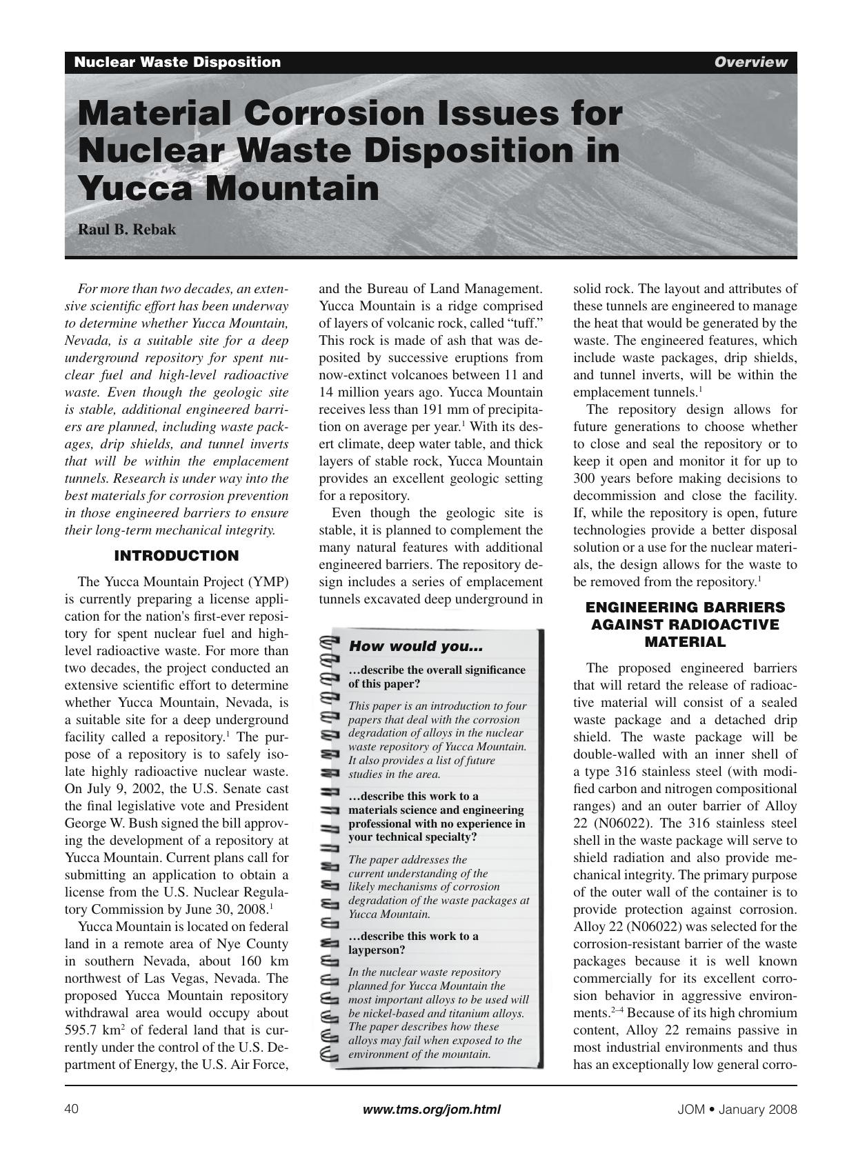 Material corrosion issues for nuclear waste disposition in Yucca Mountain by Unknown