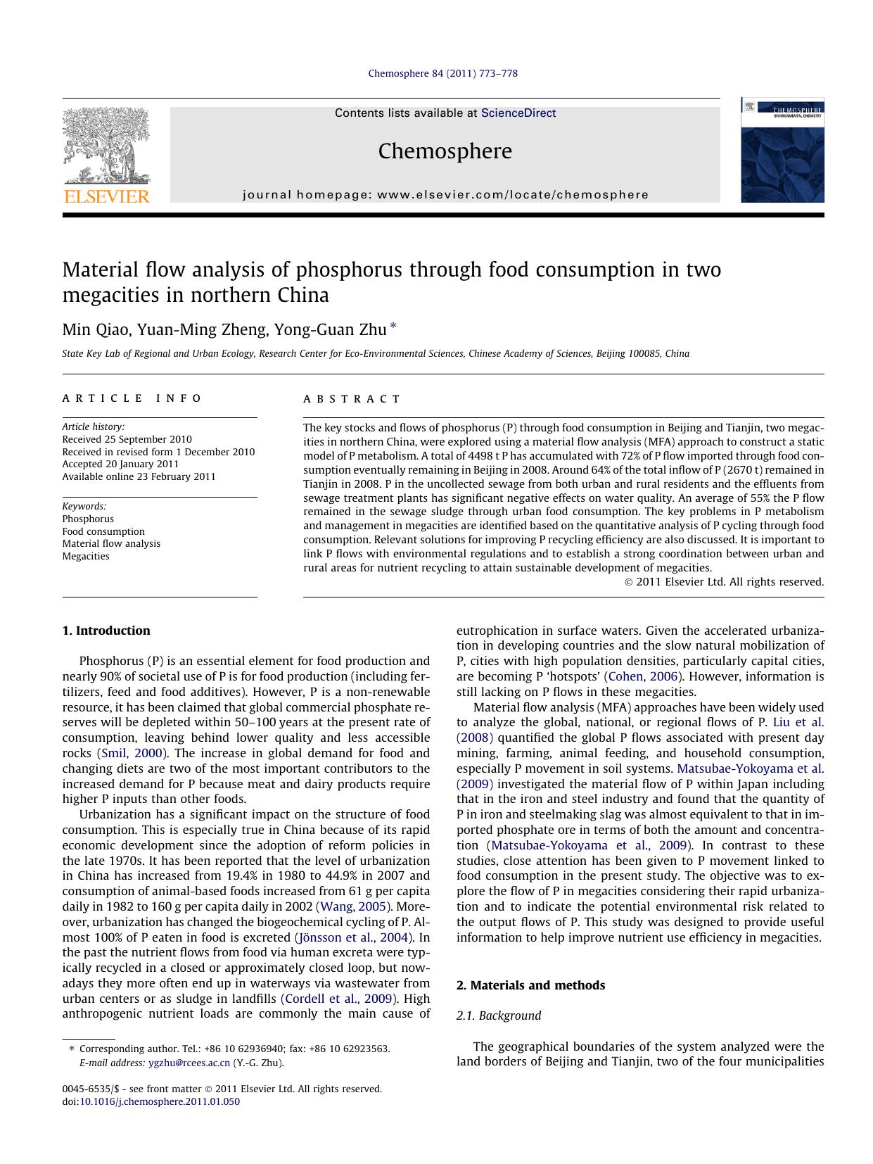 Material flow analysis of phosphorus through food consumption in two megacities in northern China by Min Qiao & Yuan-Ming Zheng & Yong-Guan Zhu