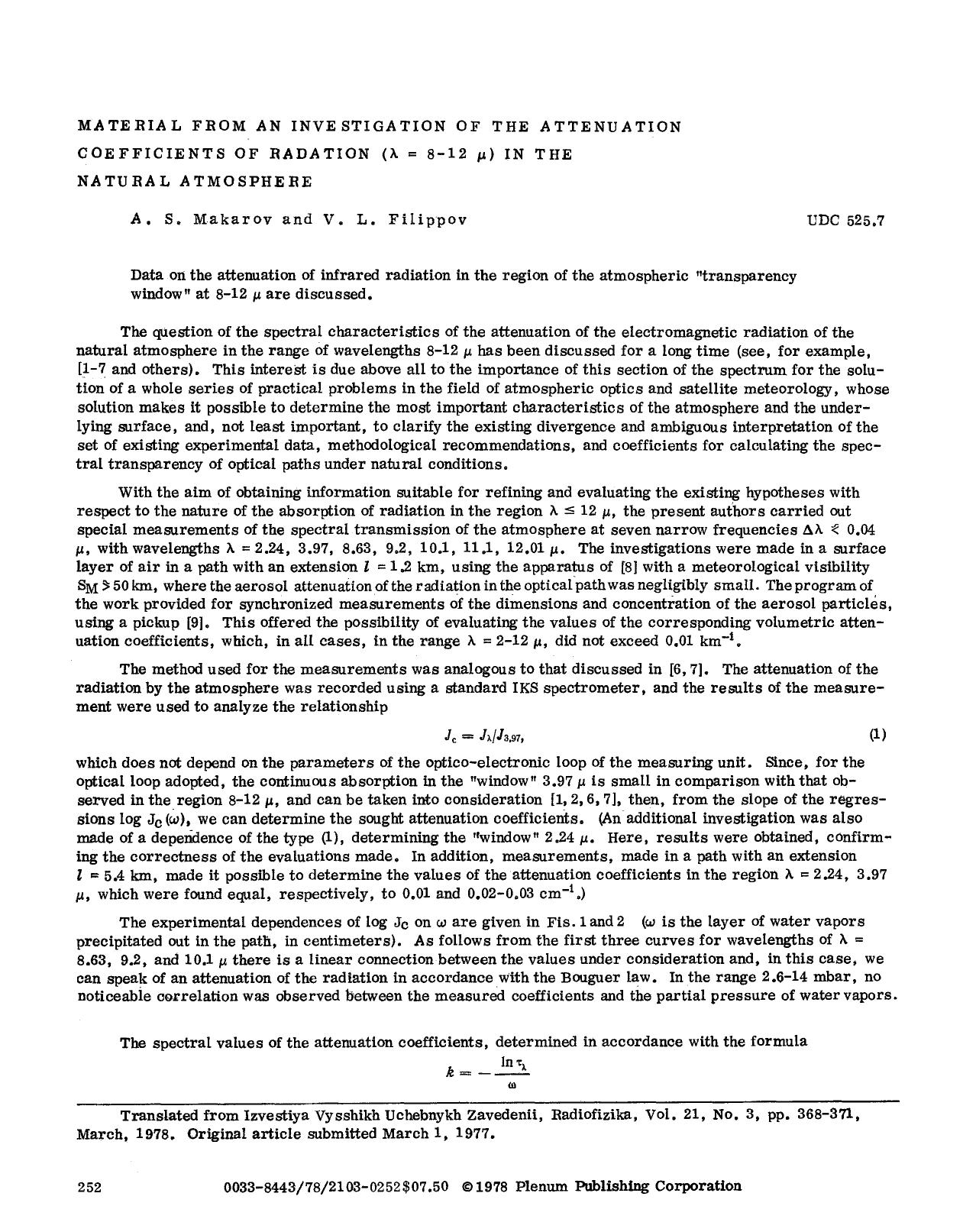 Material from an investigation of the attenuation coefficients of radation (&#x03BB;=8&#x2013;12 &#x03BC;) in the natural atmosphere by Unknown
