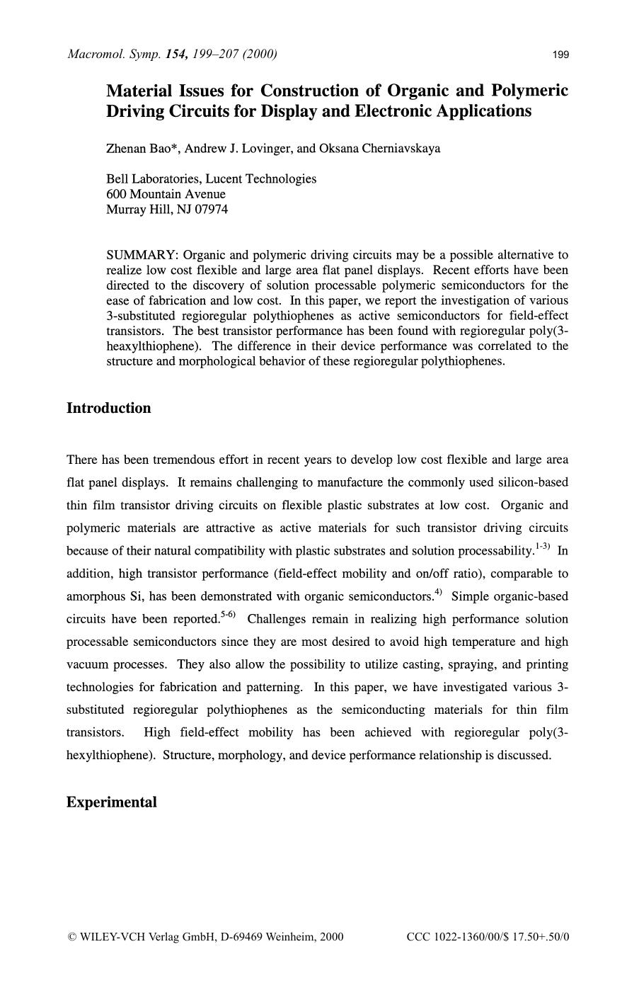 Material issues for construction of organic and polymeric driving circuits for display and electronic applications by SOD