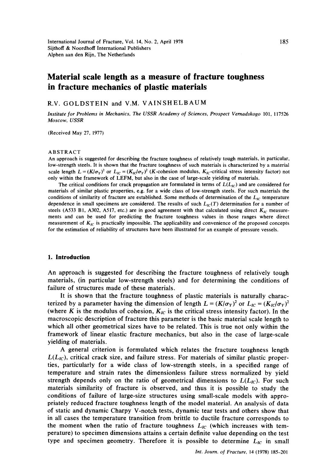 Material scale length as a measure of fracture toughness in fracture mechanics of plastic materials by Unknown