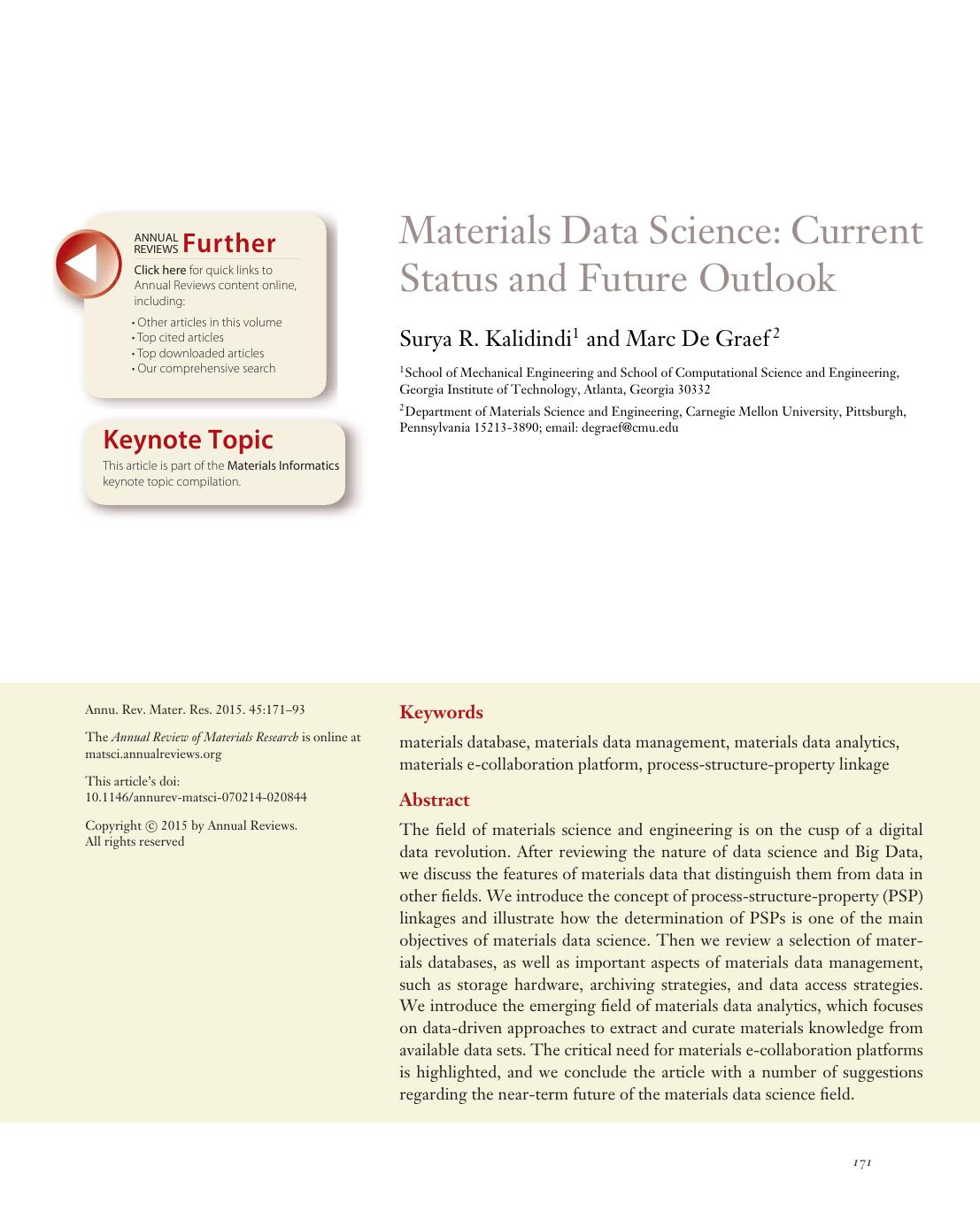 Materials Data Science: Current Status and Future Outlook by Surya R. Kalidindi and Marc De Graef