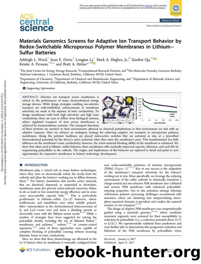 Materials Genomics Screens for Adaptive Ion Transport Behavior by Redox-Switchable Microporous Polymer Membranes in LithiumâSulfur Batteries by unknow