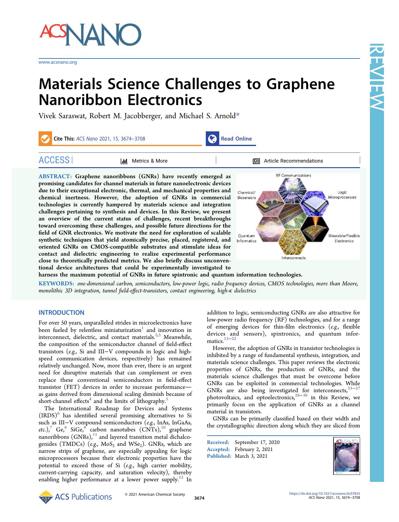 Materials Science Challenges to Graphene Nanoribbon Electronics by Vivek Saraswat Robert M. Jacobberger and Michael S. Arnold