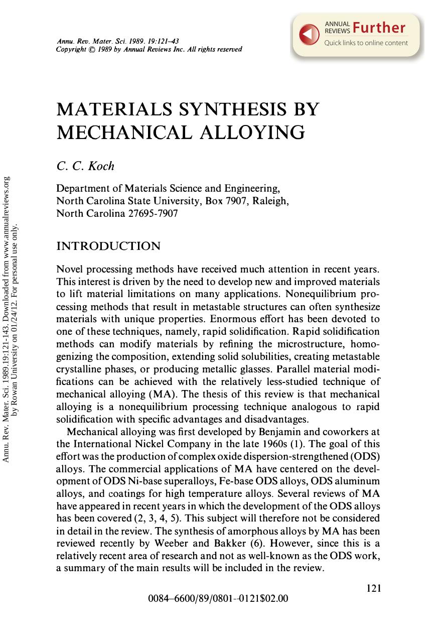 Materials Synthesis by Mechanical Alloying by C C Koch