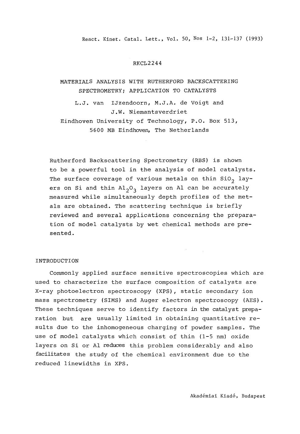 Materials analysis with Rutherford Backscattering Spectrometry; Application to catalysts by Unknown