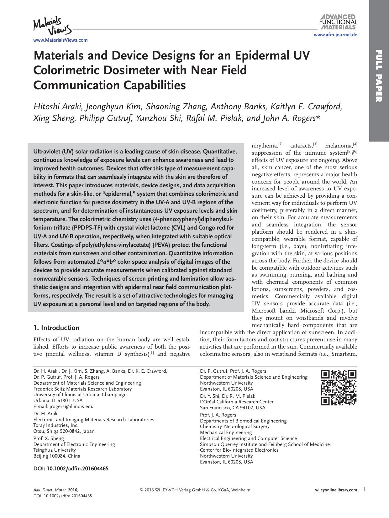 Materials and Device Designs for an Epidermal UV Colorimetric Dosimeter with Near Field Communication Capabilities by Unknown