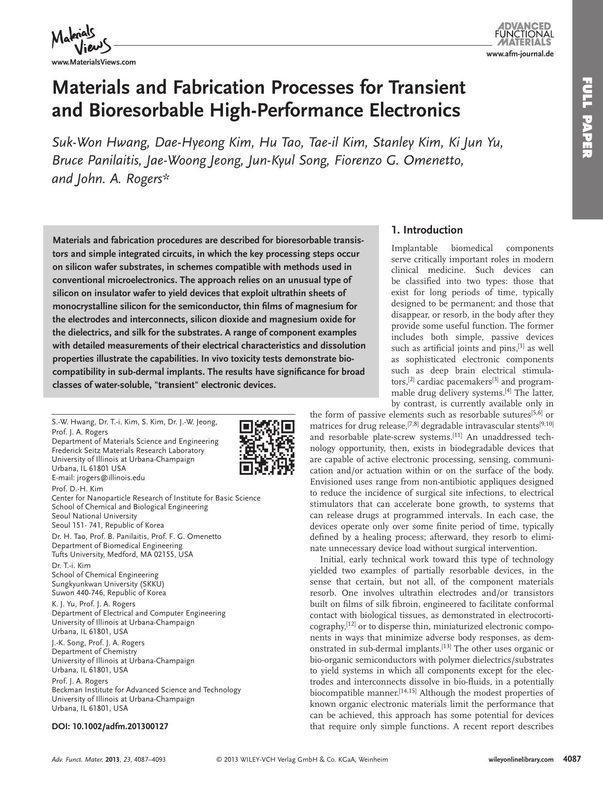 Materials and Fabrication Processes for Transient and Bioresorbable HighPerformance Electronics by f-282-imac