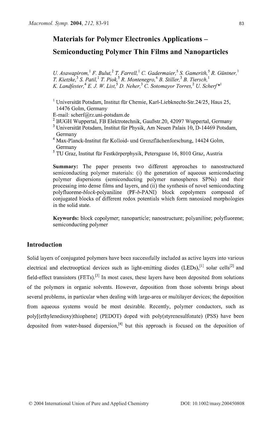 Materials for polymer electronics applications - semiconducting polymer thin films and nanoparticles by Unknown