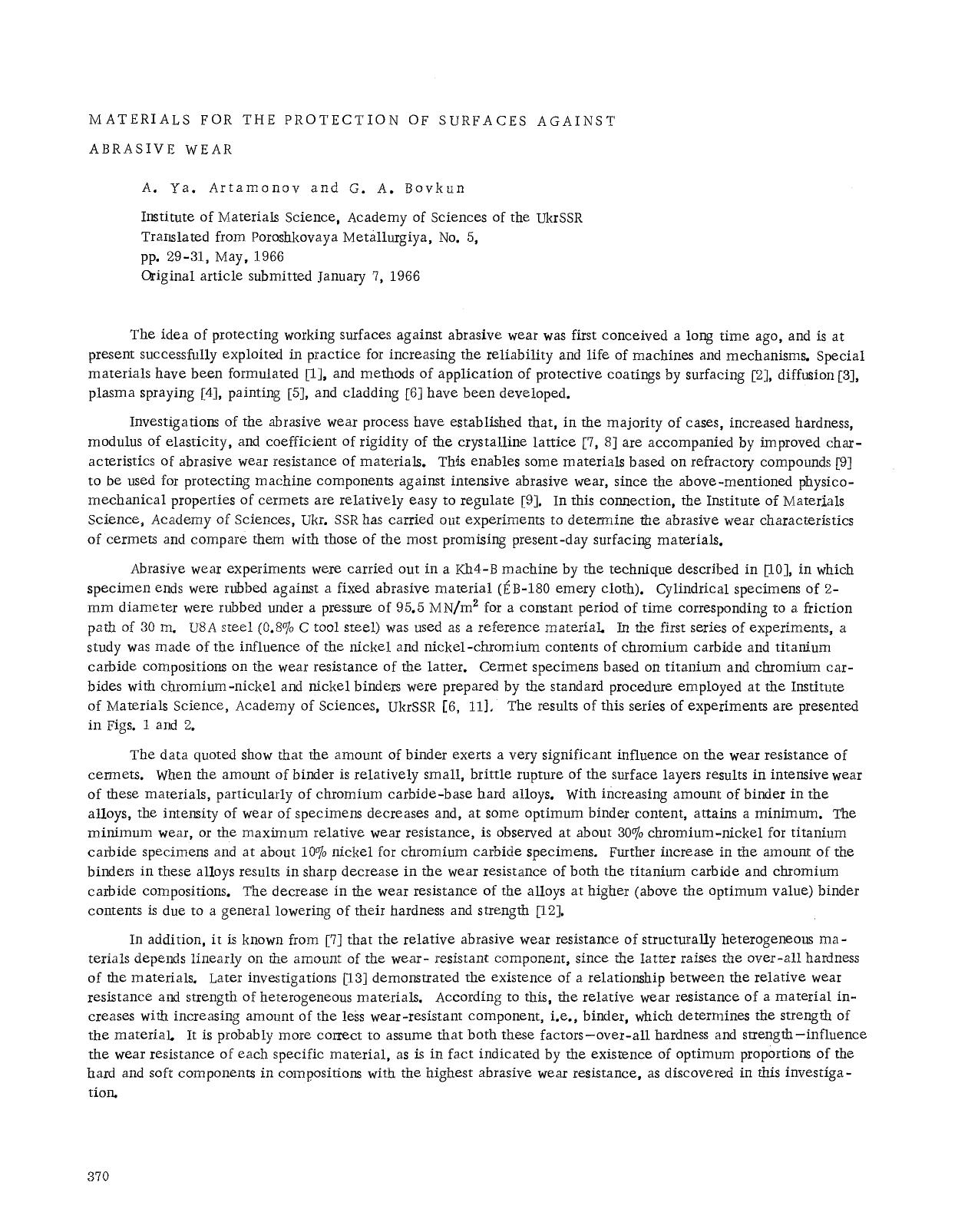 Materials for the protection of surfaces against abrasive wear by Unknown