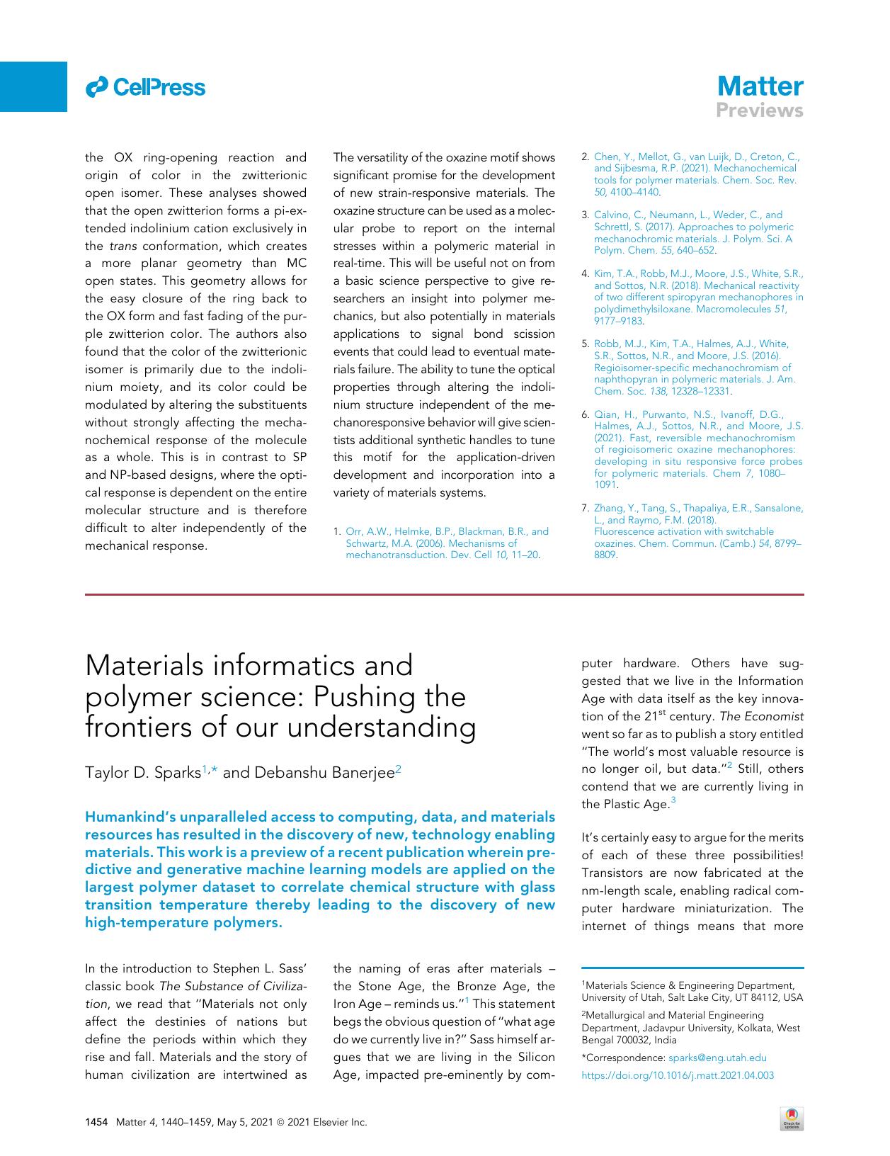 Materials informatics and polymer science: Pushing the frontiers of our understanding by Taylor D. Sparks & Debanshu Banerjee
