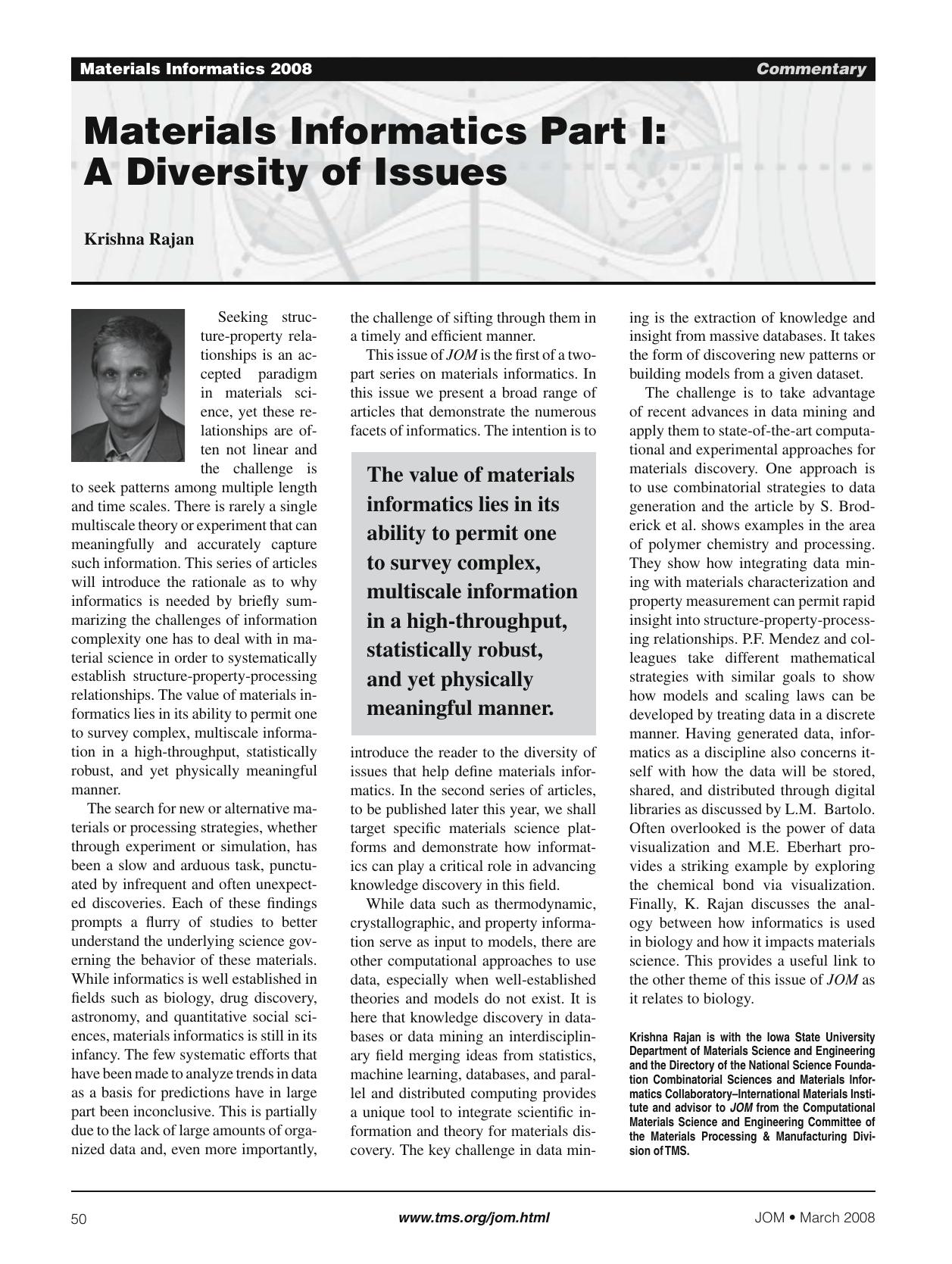 Materials informatics part I: A diversity of issues by Unknown