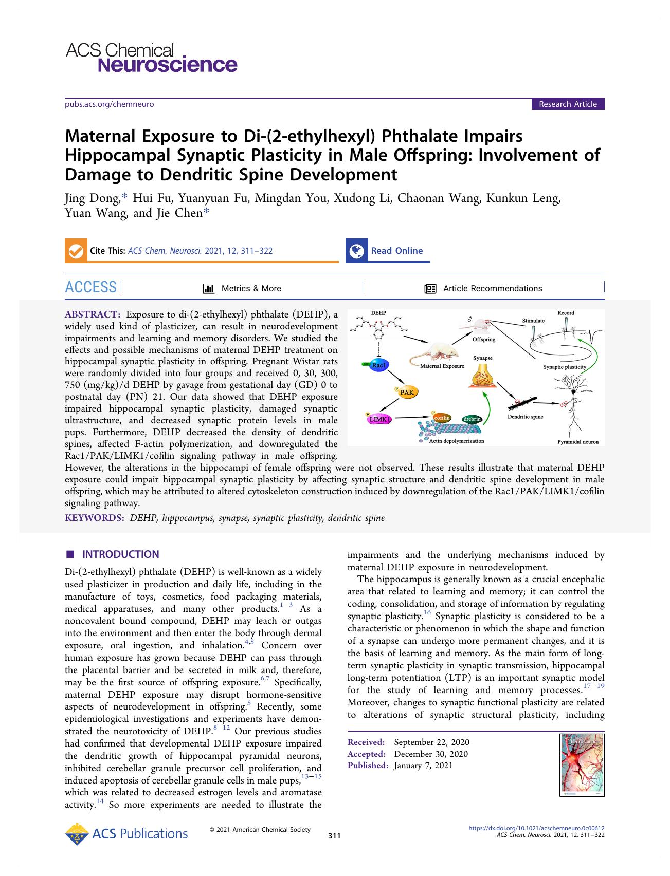 Maternal Exposure to Di-(2-ethylhexyl) Phthalate Impairs Hippocampal Synaptic Plasticity in Male Offspring: Involvement of Damage to Dendritic Spine Development by unknow