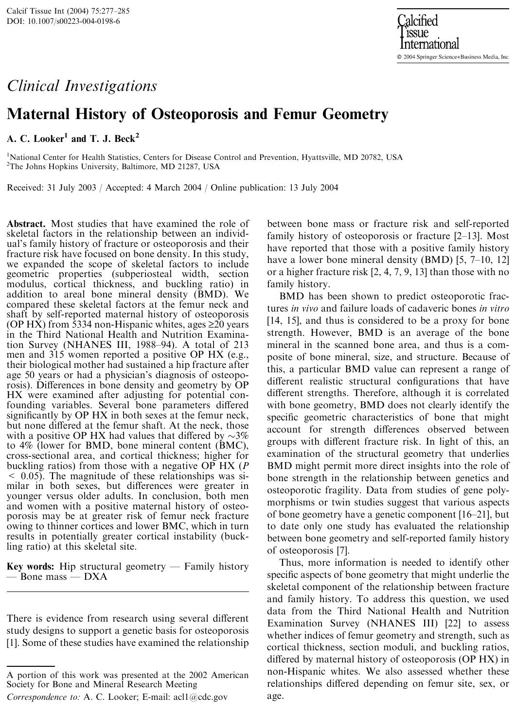 Maternal History of Osteoporosis and Femur Geometry by Looker A. C. et al