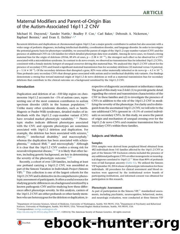 Maternal Modifiers and Parent-of-Origin Bias of the Autism-Associated 16p11.2 CNV by unknow