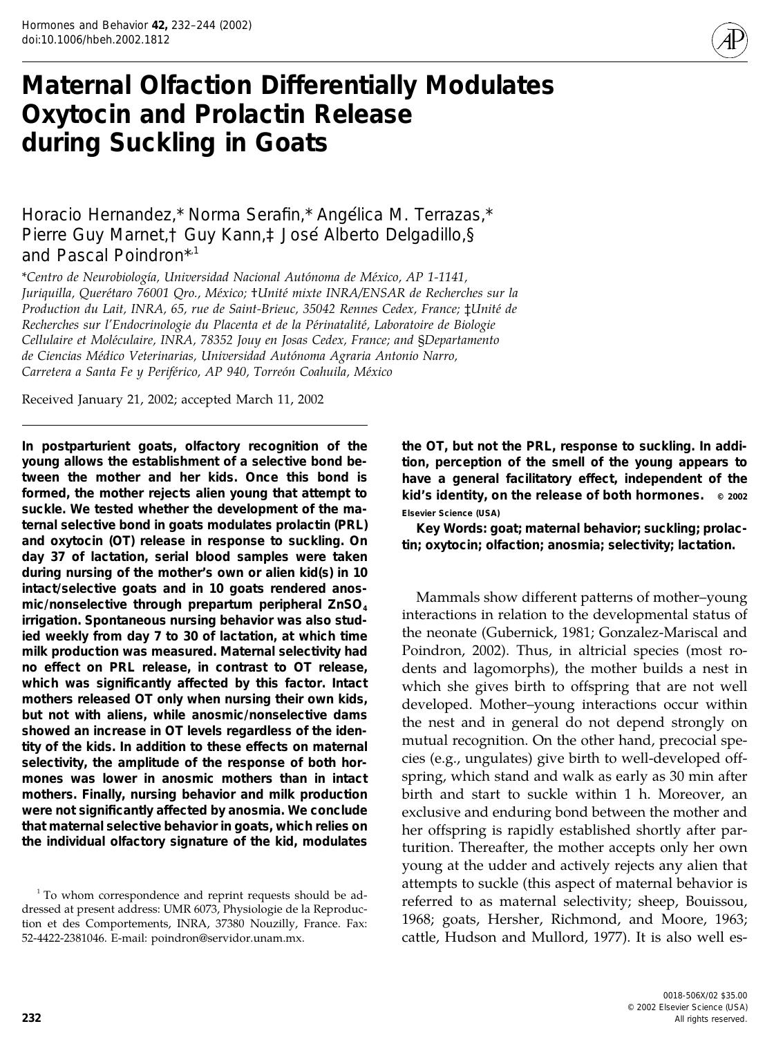 Maternal Olfaction Differentially Modulates Oxytocin and Prolactin Release during Suckling in Goats by Hernandez H. et al