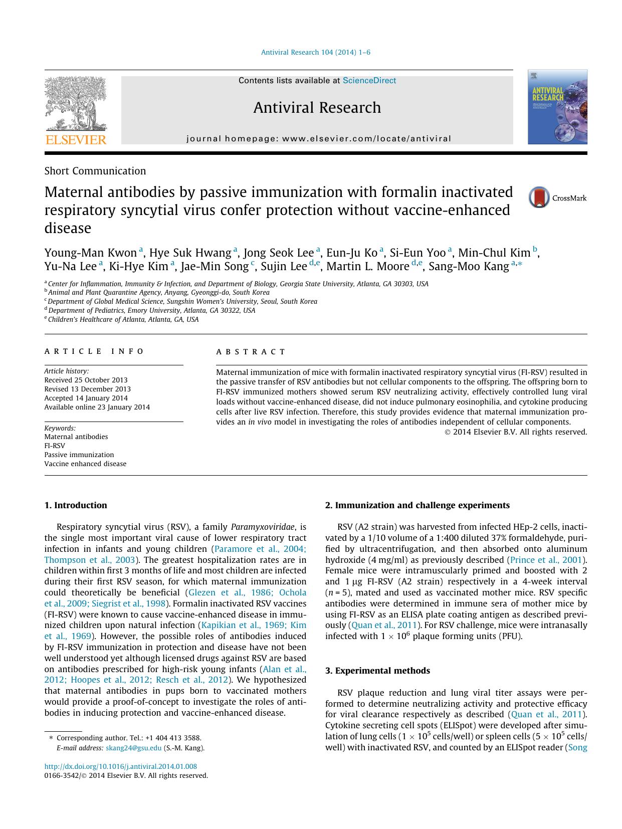 Maternal antibodies by passive immunization with formalin inactivated respiratory syncytial virus confer protection without vaccine-enhanced disease by unknow