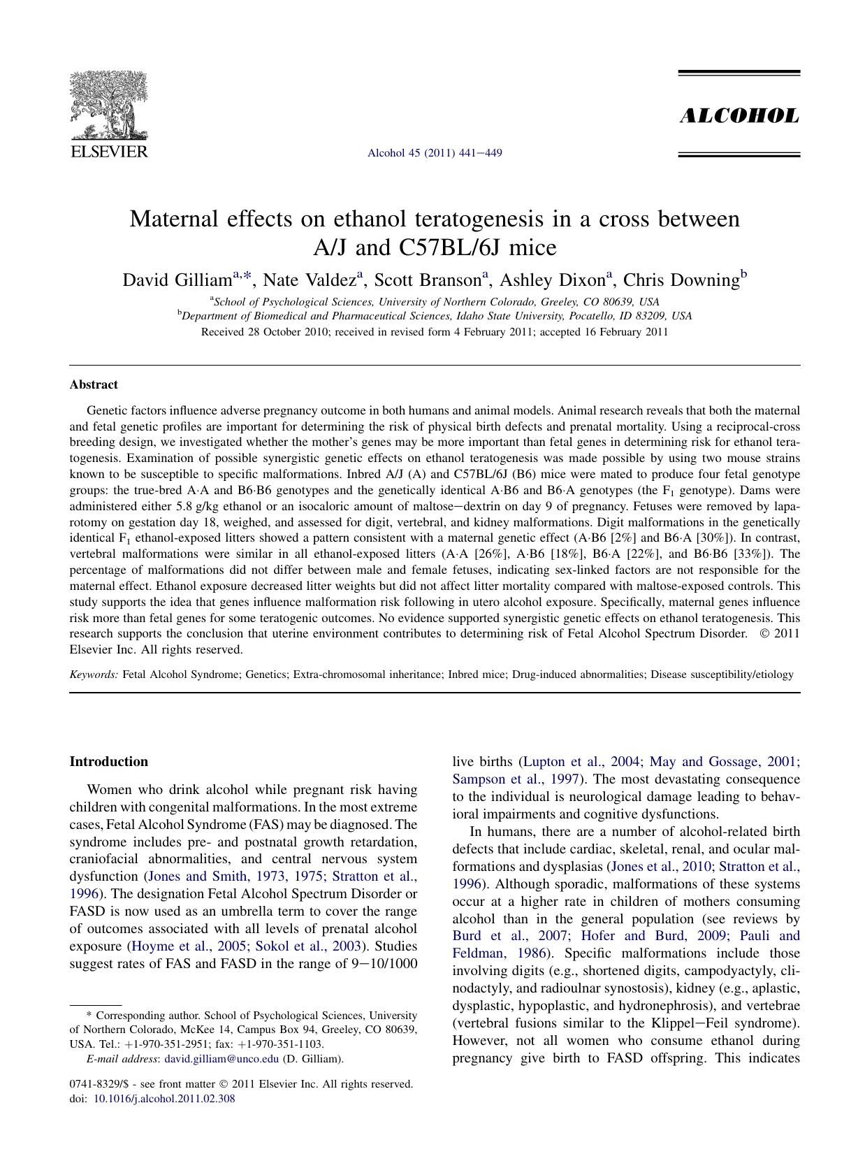 Maternal effects on ethanol teratogenesis in a cross between AJ and C57BL6J mice by David Gilliam & Nate Valdez & Scott Branson & Ashley Dixon & Chris Downing