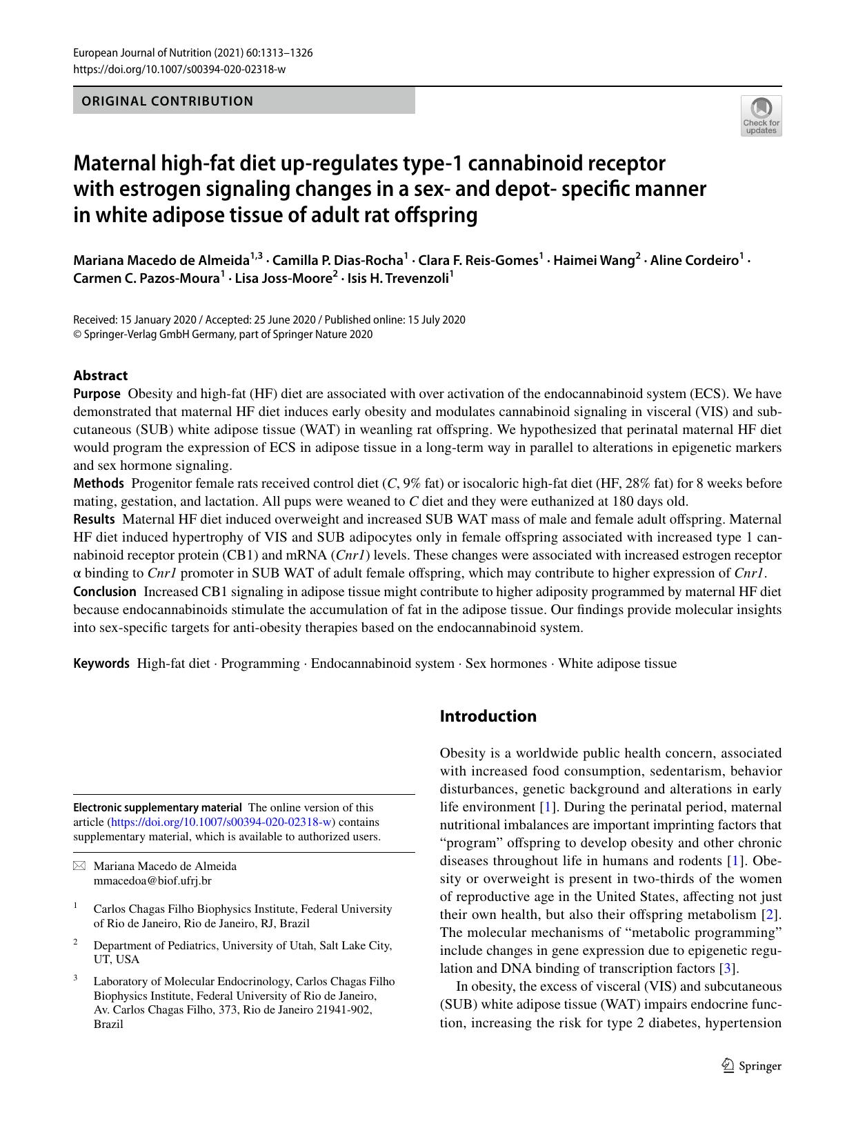 Maternal high-fat diet up-regulates type-1 cannabinoid receptor with estrogen signaling changes in a sex- and depot- specific manner in white adipose tissue of adult rat offspring by unknow