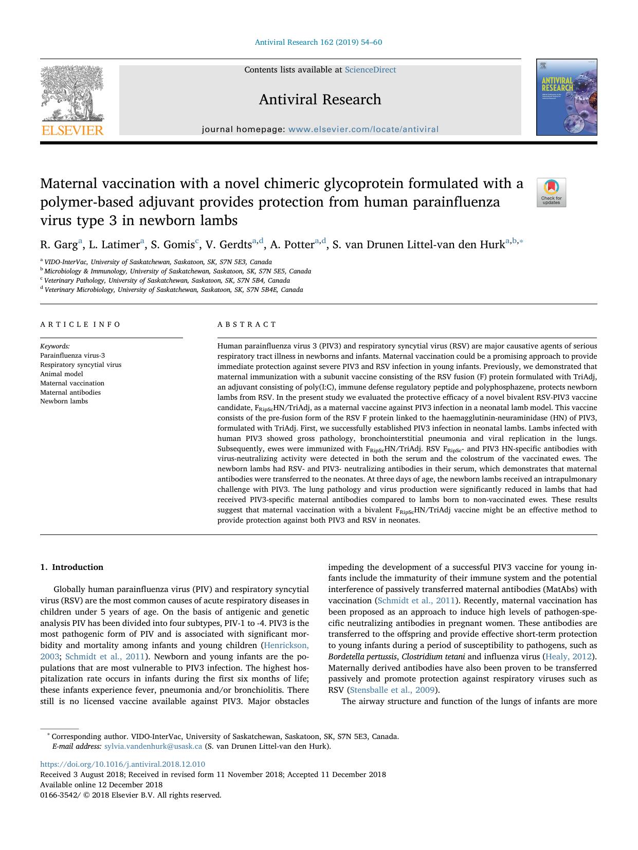 Maternal vaccination with a novel chimeric glycoprotein formulated with a polymer-based adjuvant provides protection from human parainfluenza virus type 3 in newborn lambs by R. Garg & L. Latimer & S. Gomis & V. Gerdts & A. Potter & S. van Drunen Littel-van den Hurk