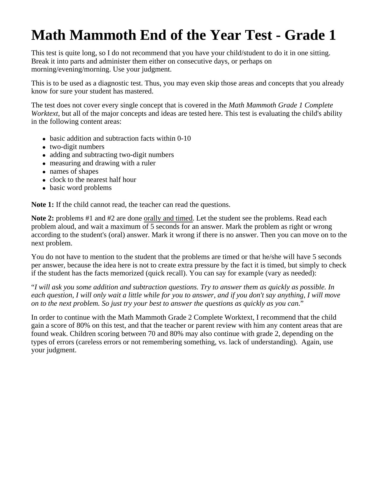 Math Mammoth End of the Year Test - Grade 1 by Maria Miller