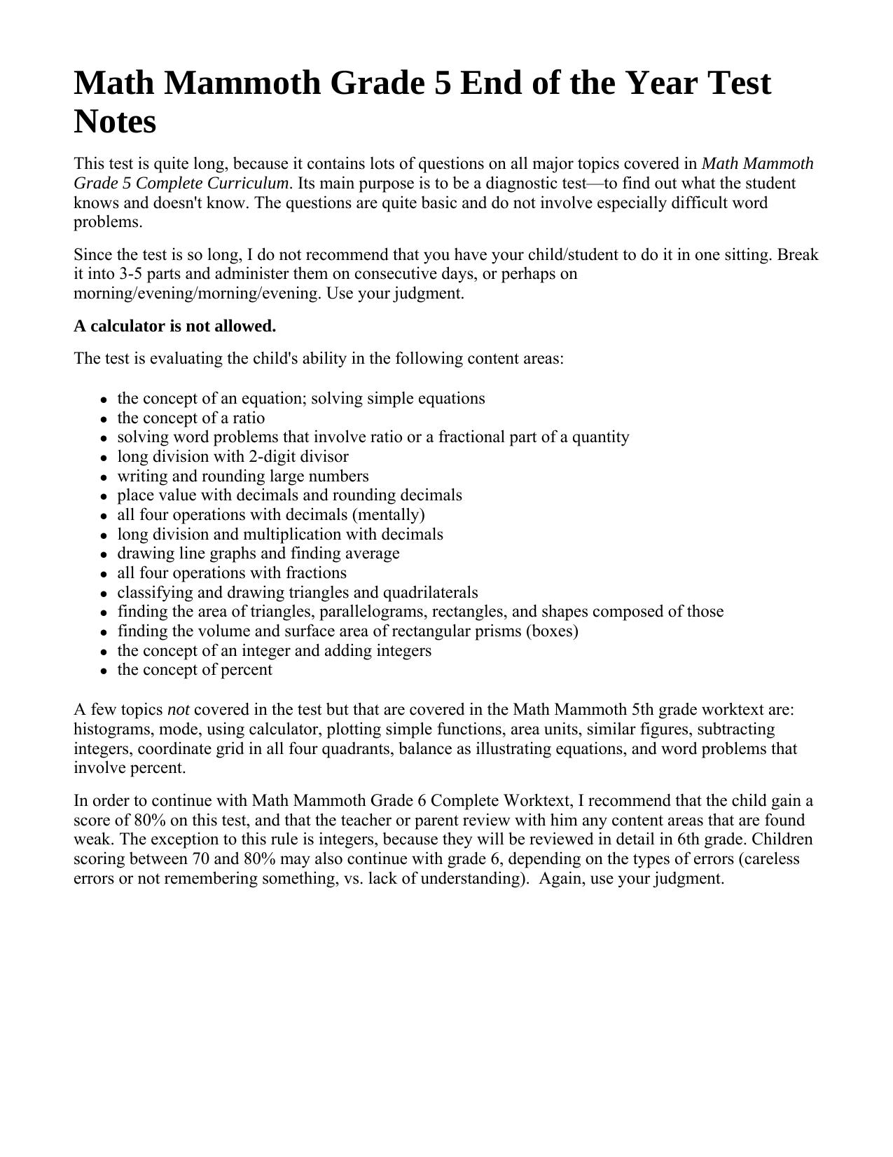 Math Mammoth Grade 5 End of the Year Test by Maria Miller