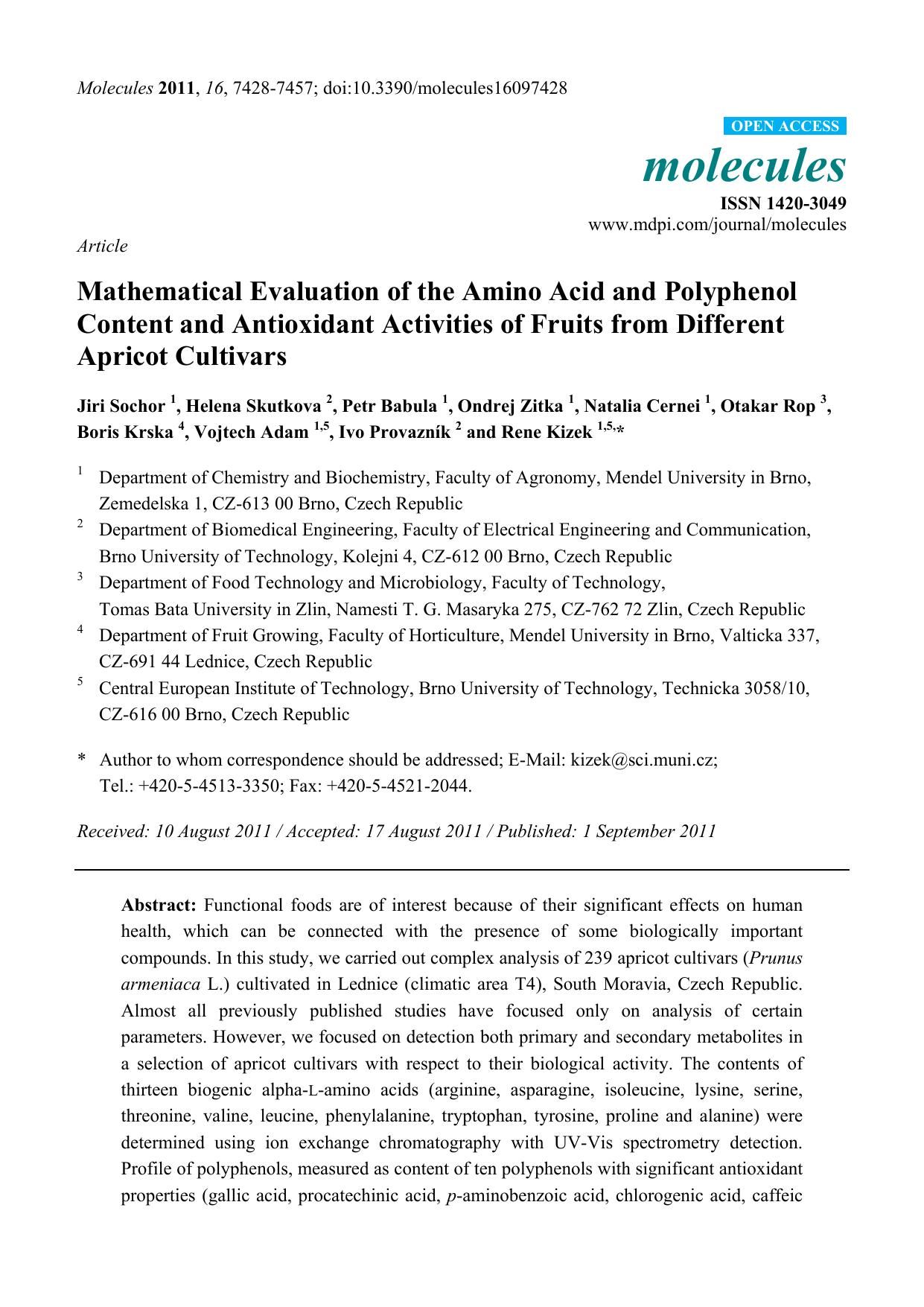 Mathematical Evaluation of the Amino Acid and Polyphenol Content and Antioxidant Activities of Fruits from Different Apricot Cultivars by unknow