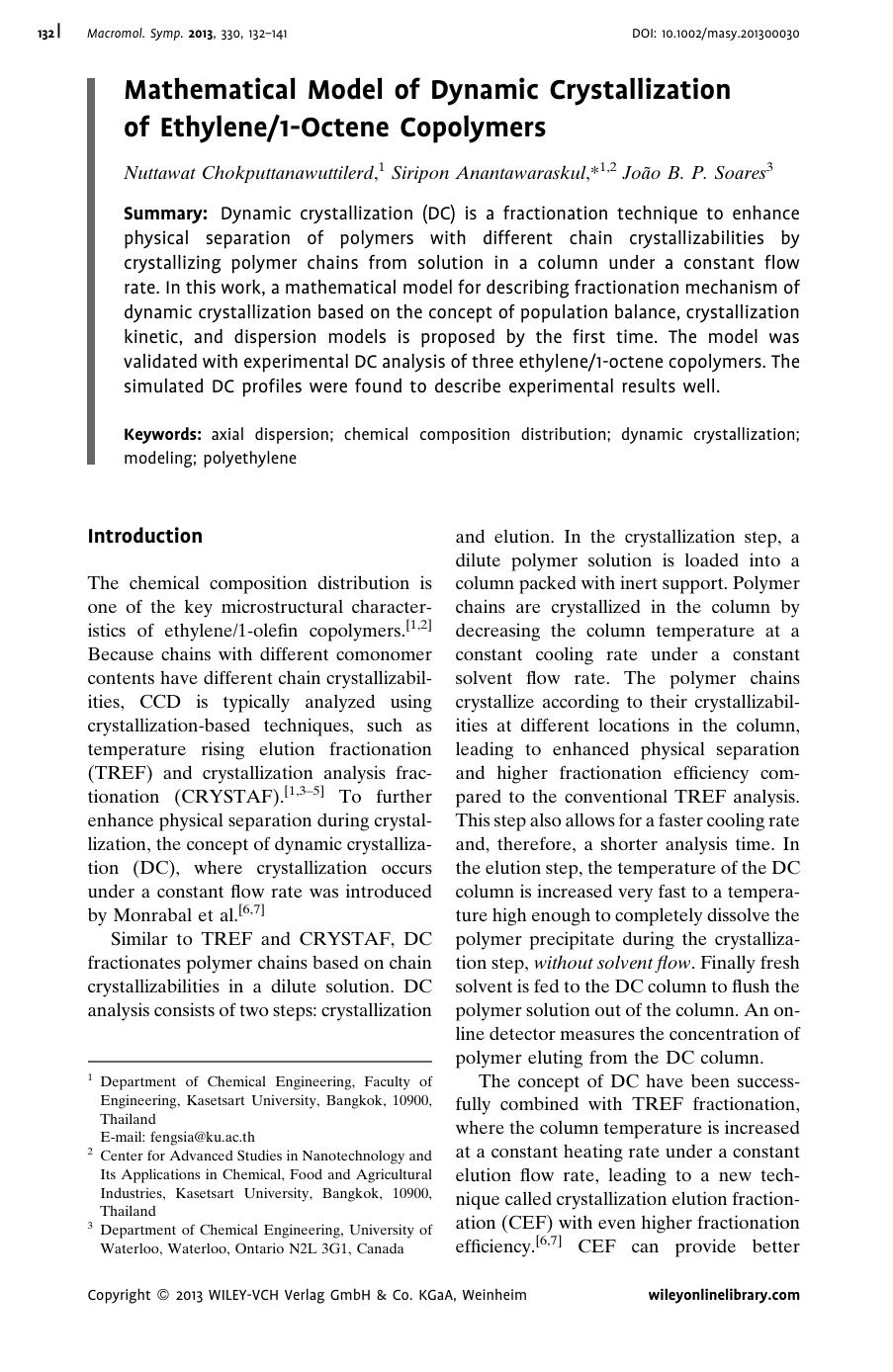 Mathematical Model of Dynamic Crystallization of Ethylene1Octene Copolymers by Unknown