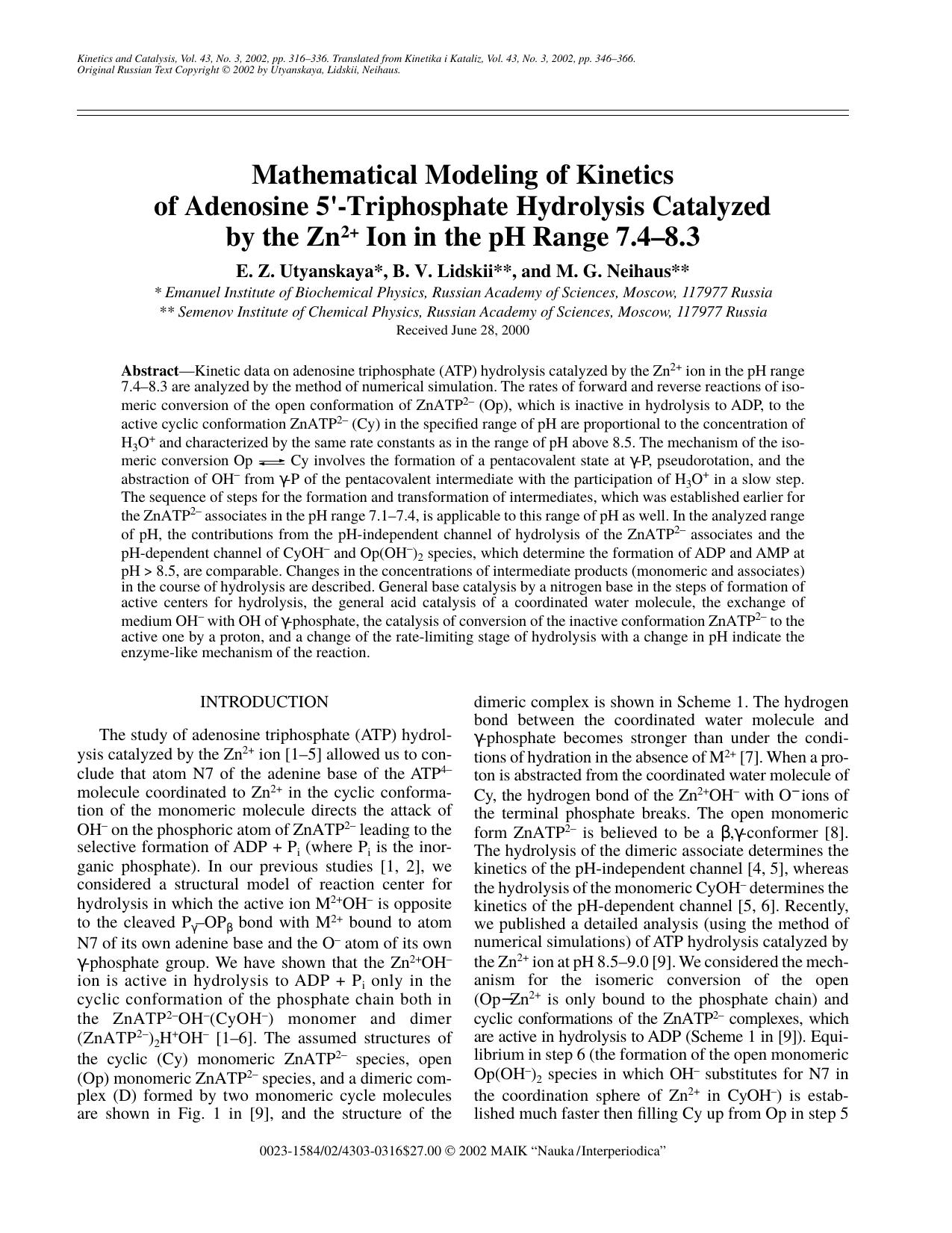 Mathematical Modeling of Kinetics of Adenosine 5&#x0022;-Triphosphate Hydrolysis Catalyzed by the Zn2+ Ion in the pH Range 7.4&#x2013;8.3 by Unknown