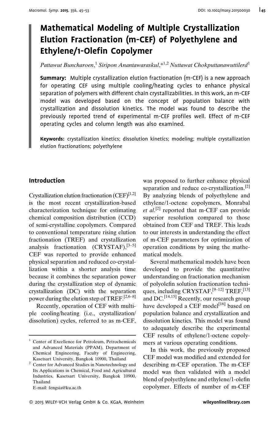 Mathematical Modeling of Multiple Crystallization Elution Fractionation (m-CEF) of Polyethylene and Ethylene1-Olefin Copolymer by Unknown