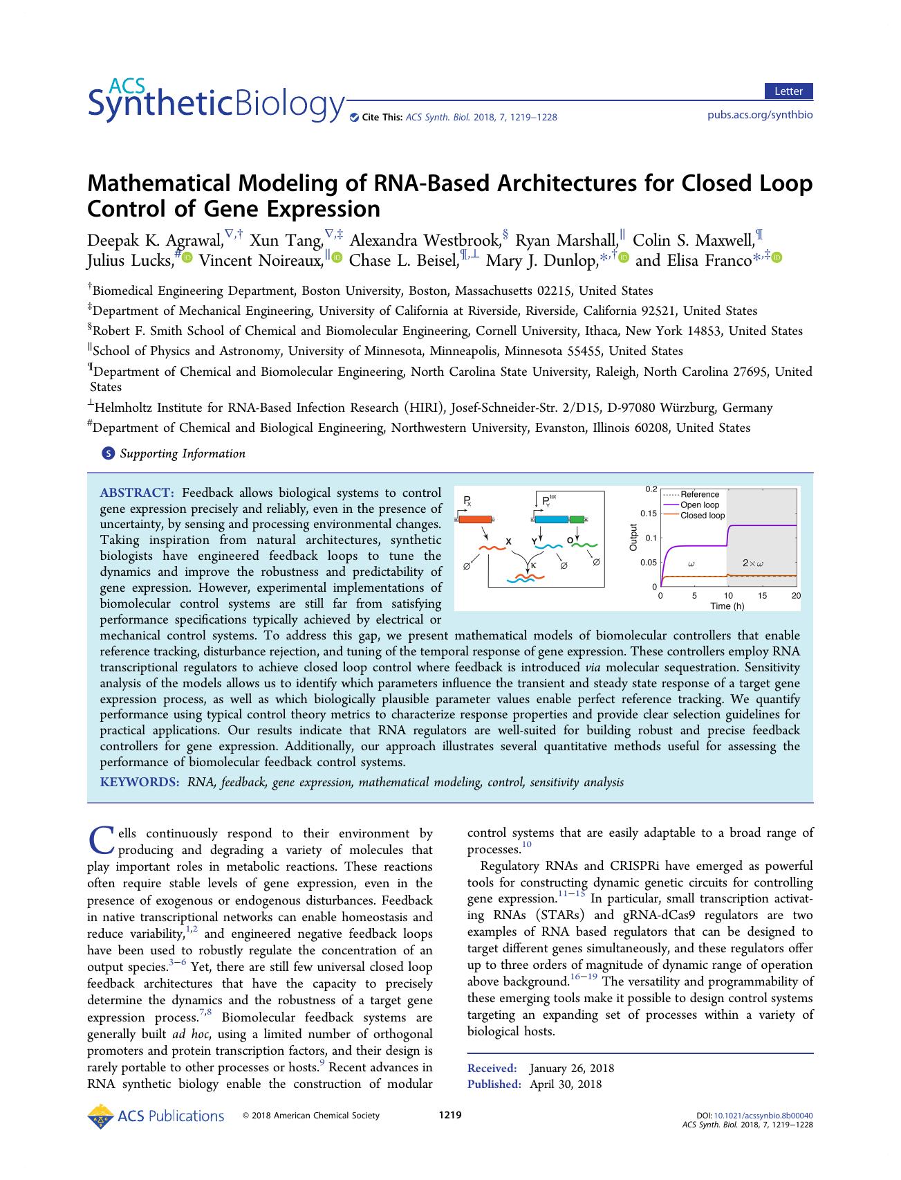 Mathematical Modeling of RNA-Based Architectures for Closed Loop Control of Gene Expression by unknow