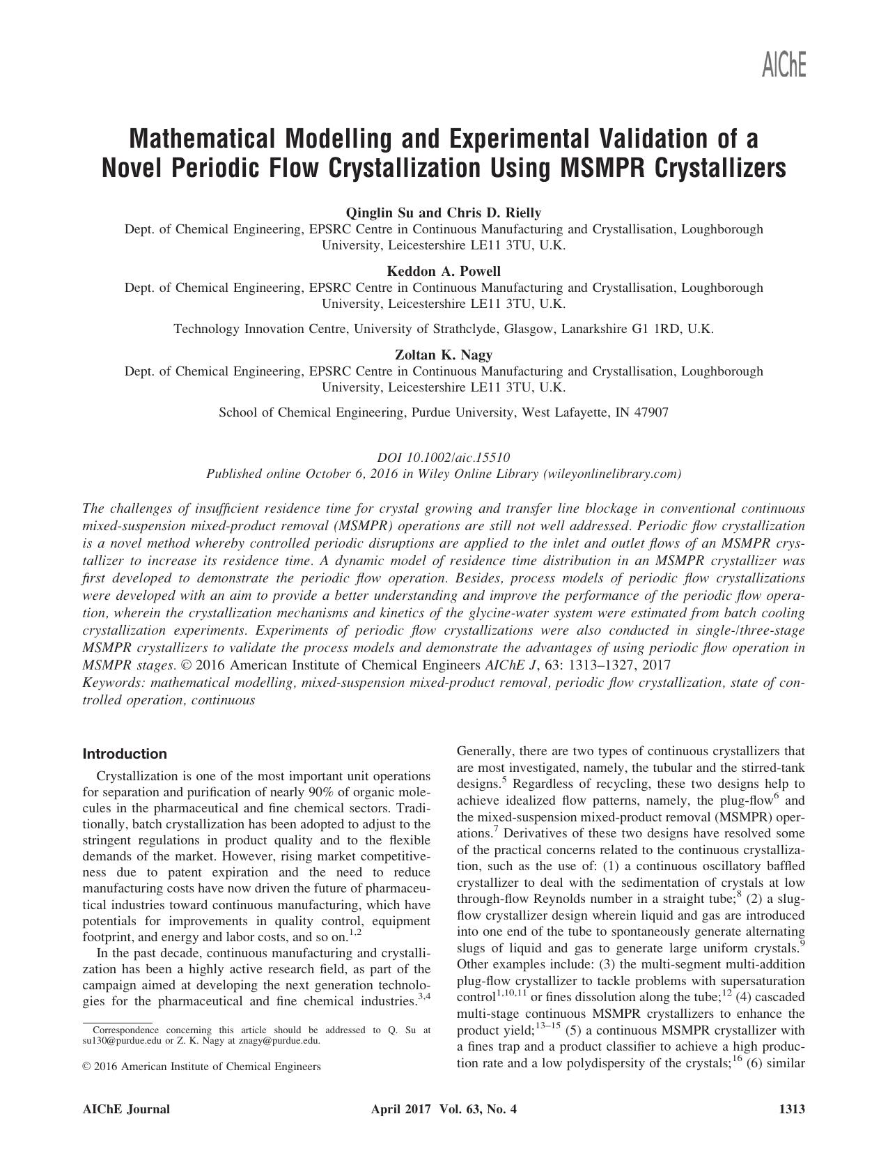 Mathematical Modelling and Experimental Validation of a Novel Periodic Flow Crystallization Using MSMPR Crystallizers by Unknown