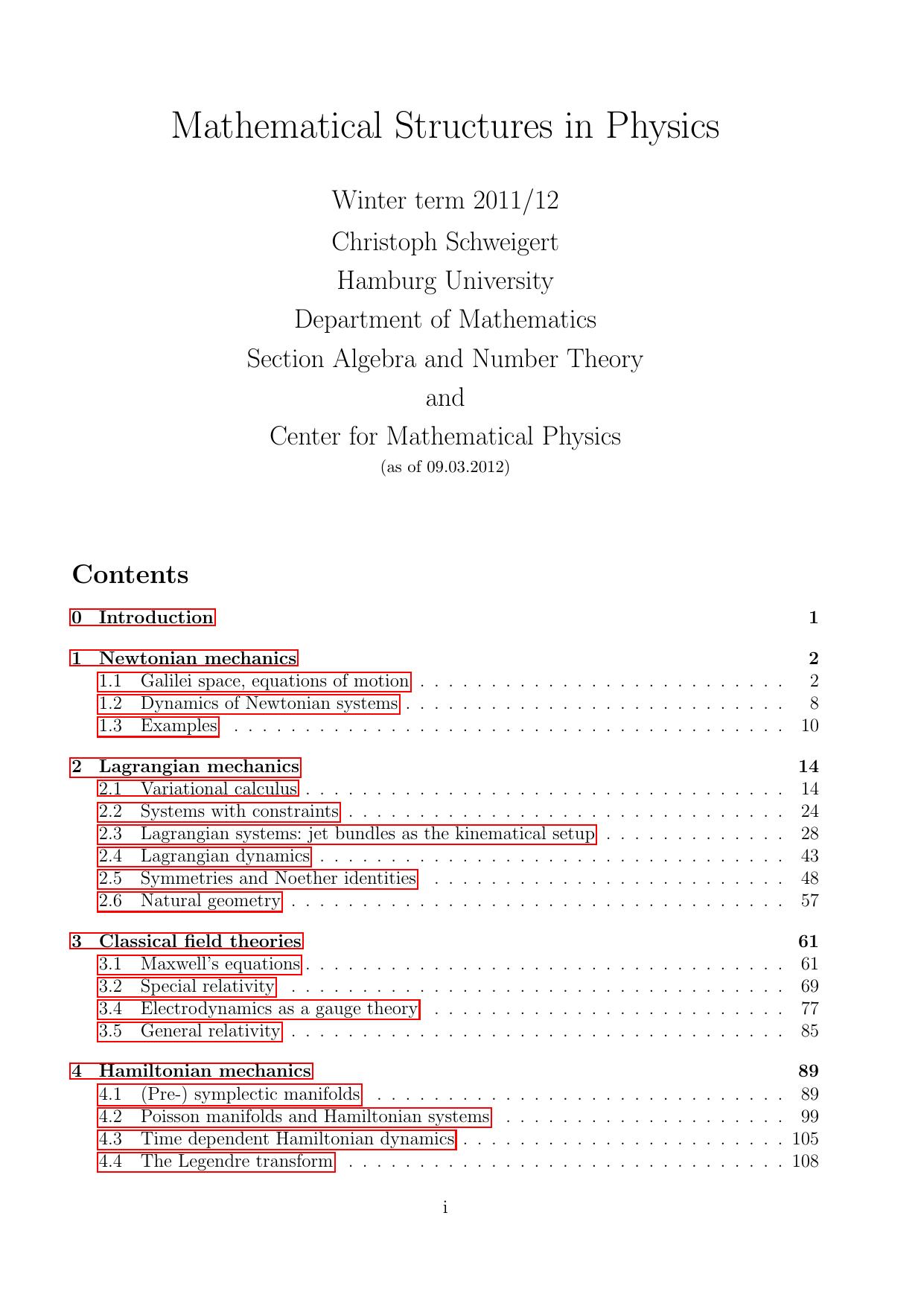 Mathematical Structures in Physics [Lecture notes] by Christoph Schweigert