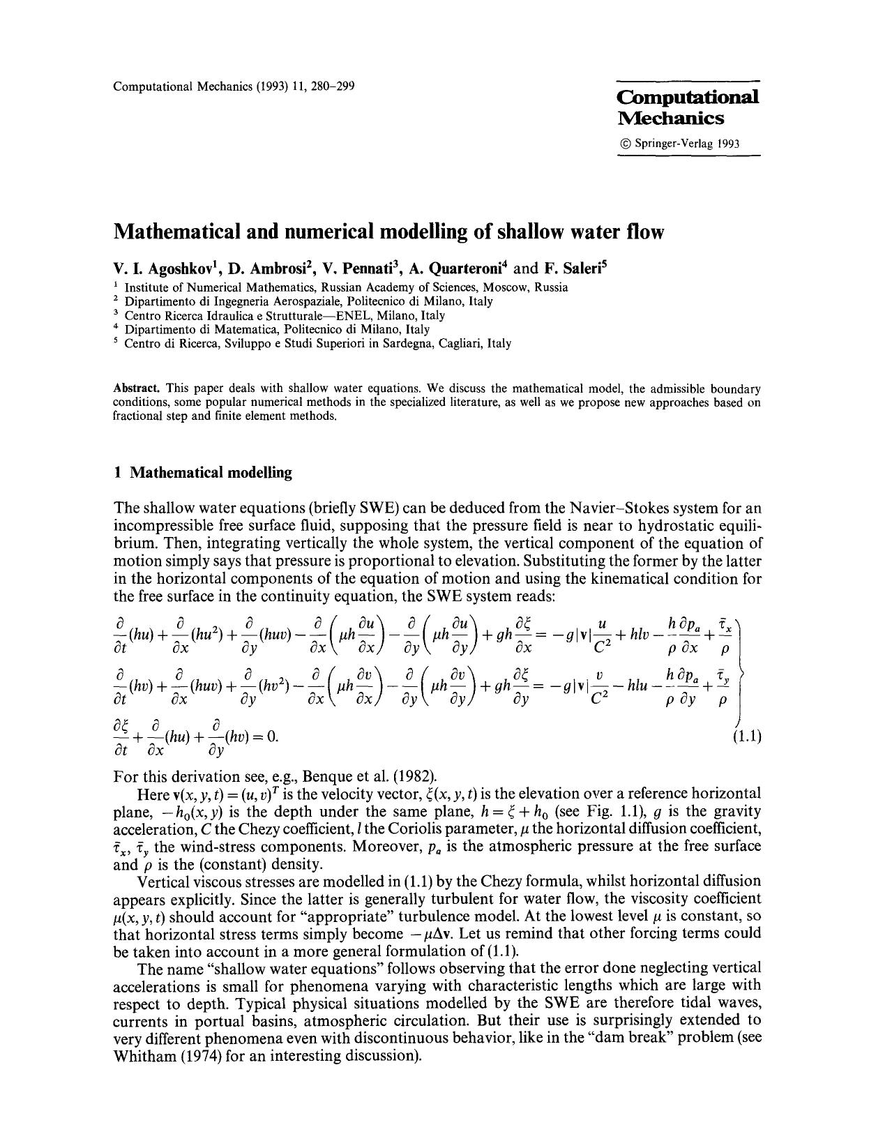 Mathematical and numerical modelling of shallow water flow by Unknown
