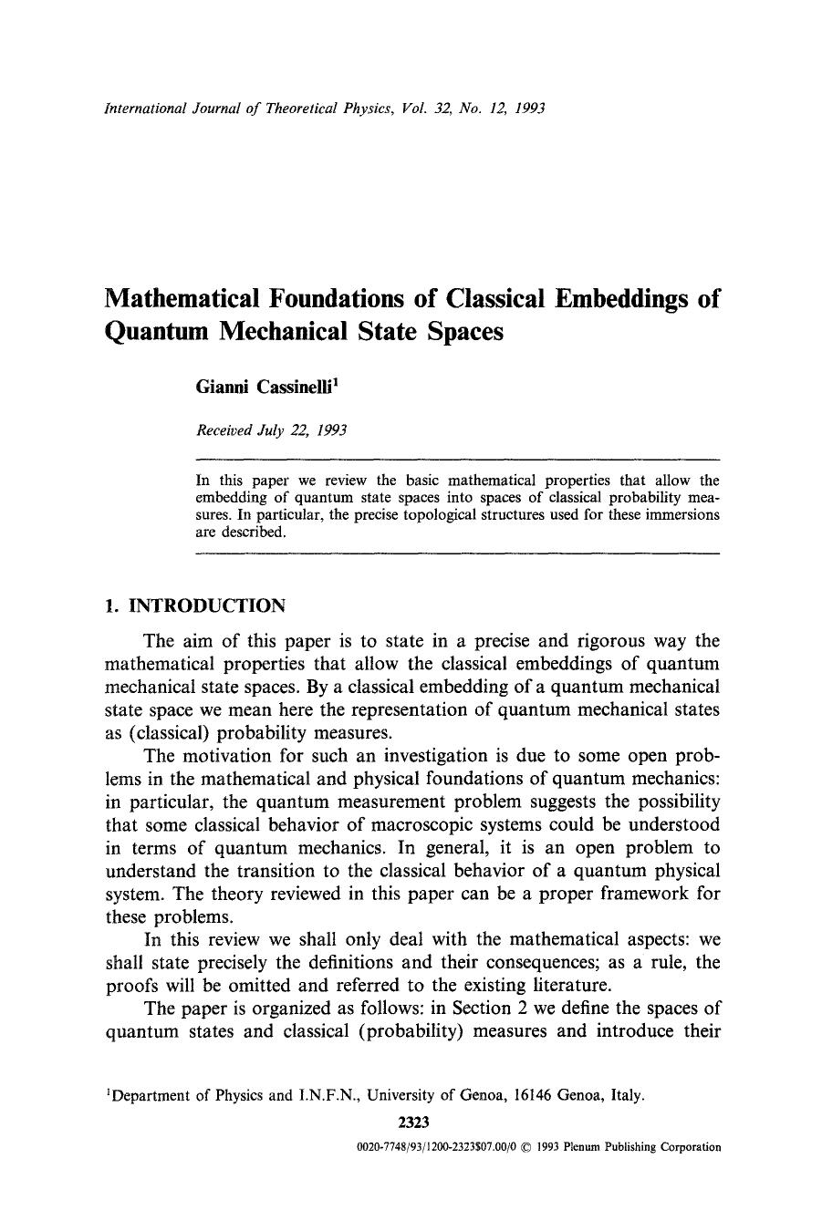 Mathematical foundations of classical embeddings of quantum mechanical state spaces by Unknown