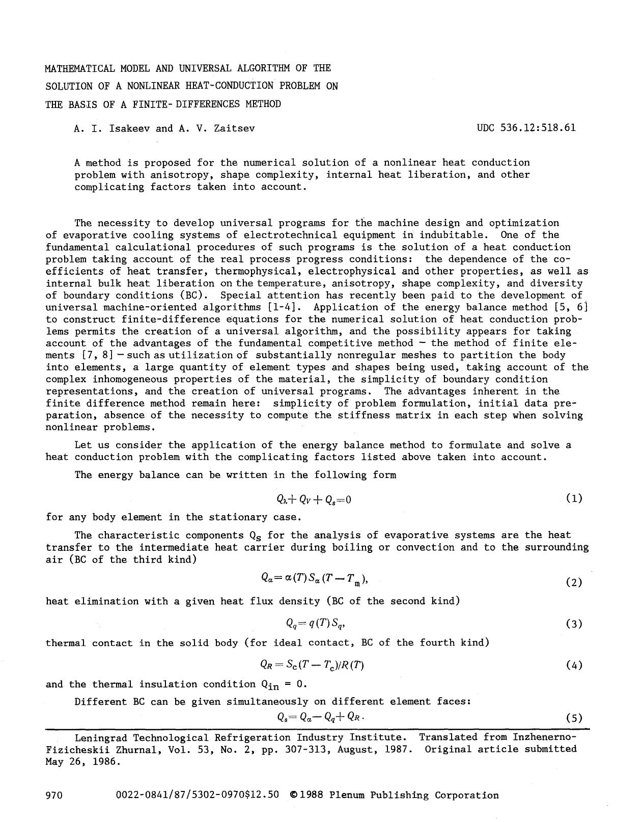 Mathematical model and universal algorithm of the solution of a nonlinear heat-conduction problem on the basis of a finite-differences method by Unknown