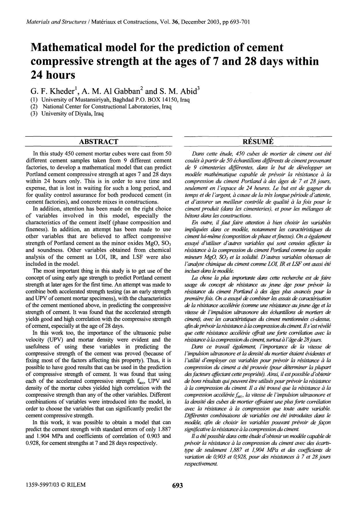 Mathematical model for the prediction of cement compressive strength at the ages of 7 and 28 days within 24 hours by Unknown