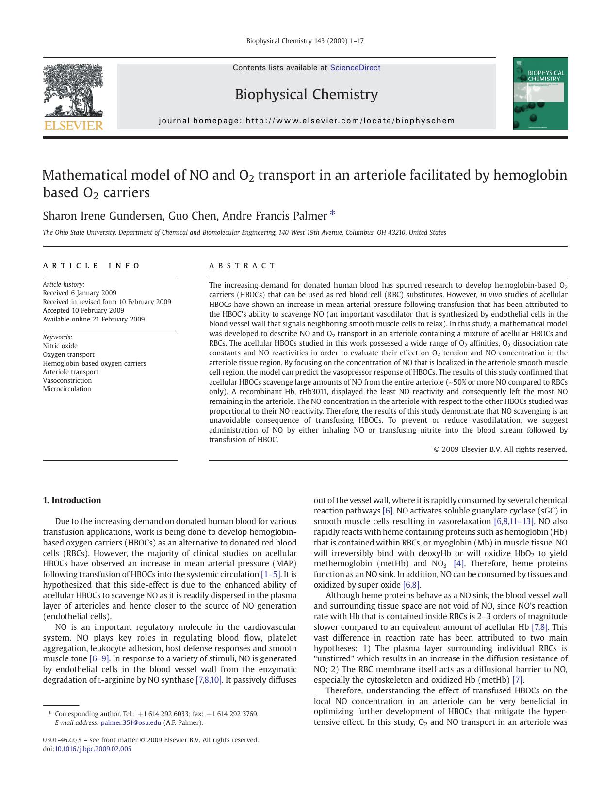Mathematical model of NO and O2 transport in an arteriole facilitated by hemoglobin based O2 carriers by Sharon Irene Gundersen; Guo Chen; Andre Francis Palmer