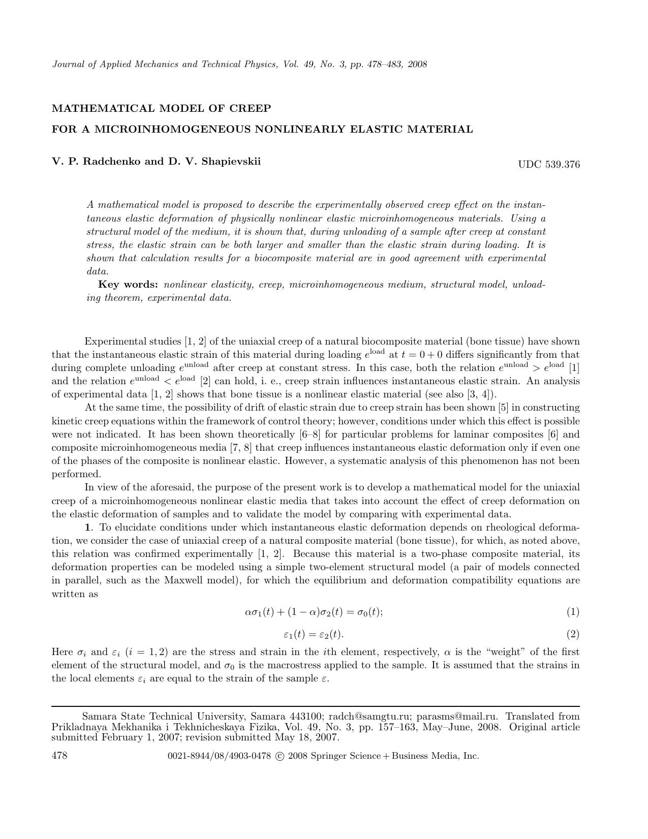 Mathematical model of creep for a microinhomogeneous nonlinearly elastic material by Unknown