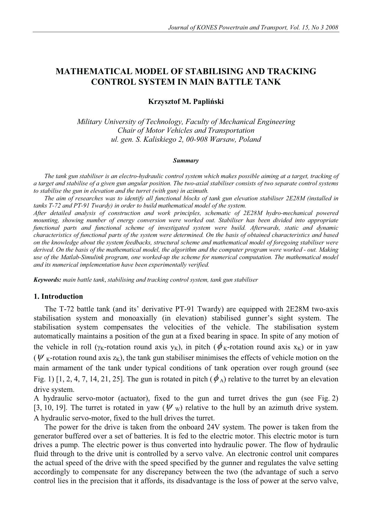 Mathematical model of stabilising and tracking control system in main battle tank by Paplinski K.M