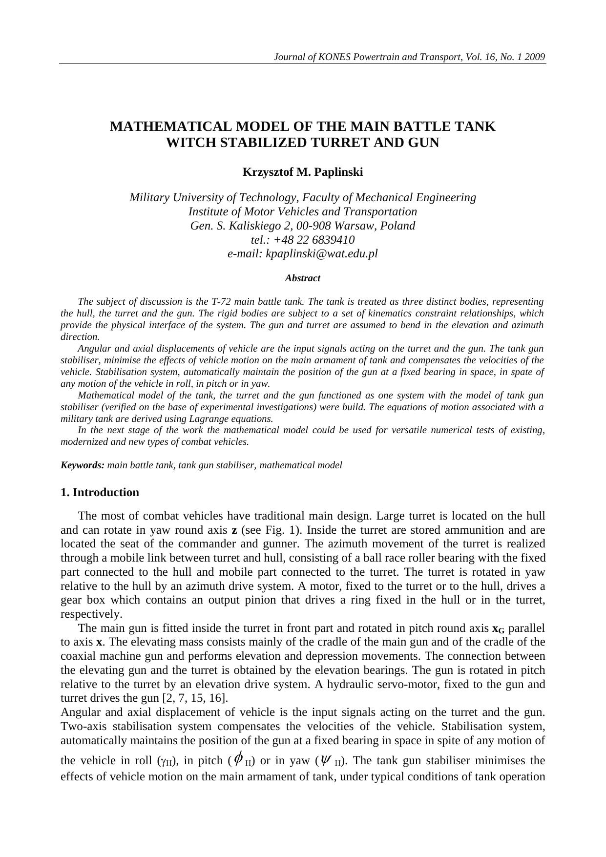 Mathematical model of the main battle tank witch stabilized turret and gun by Paplinski K.M