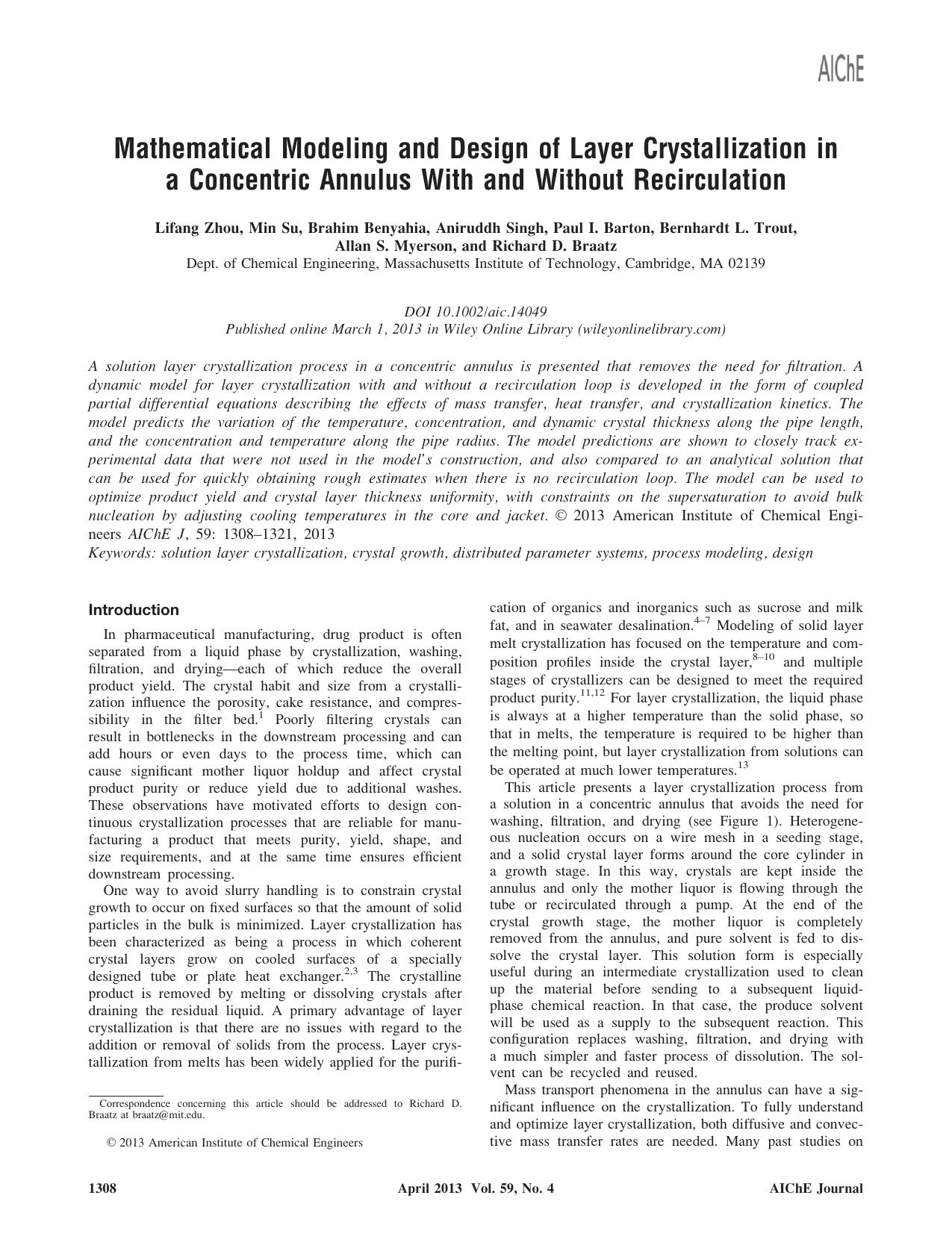 Mathematical modeling and design of layer crystallization in a concentric annulus with and without recirculation by Unknown