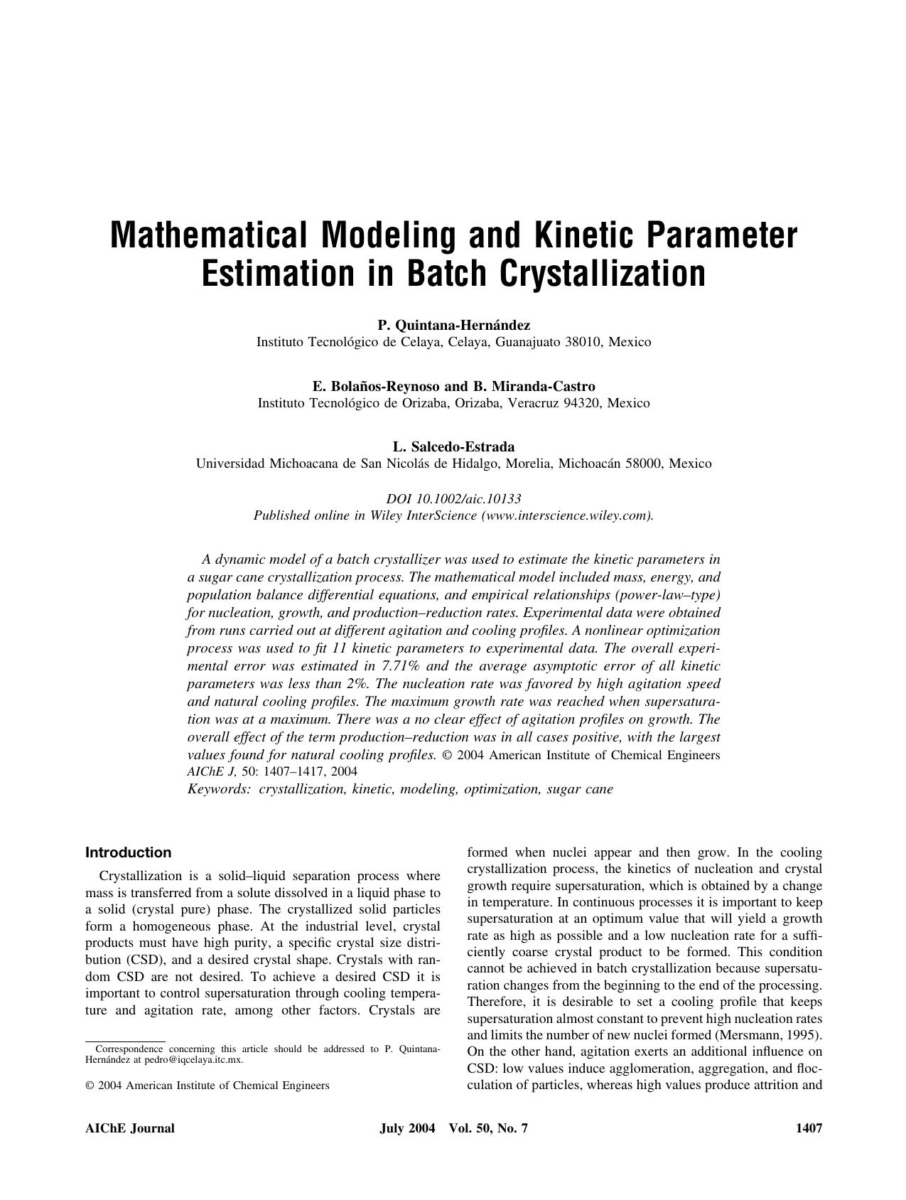 Mathematical modeling and kinetic parameter estimation in batch crystallization by Unknown