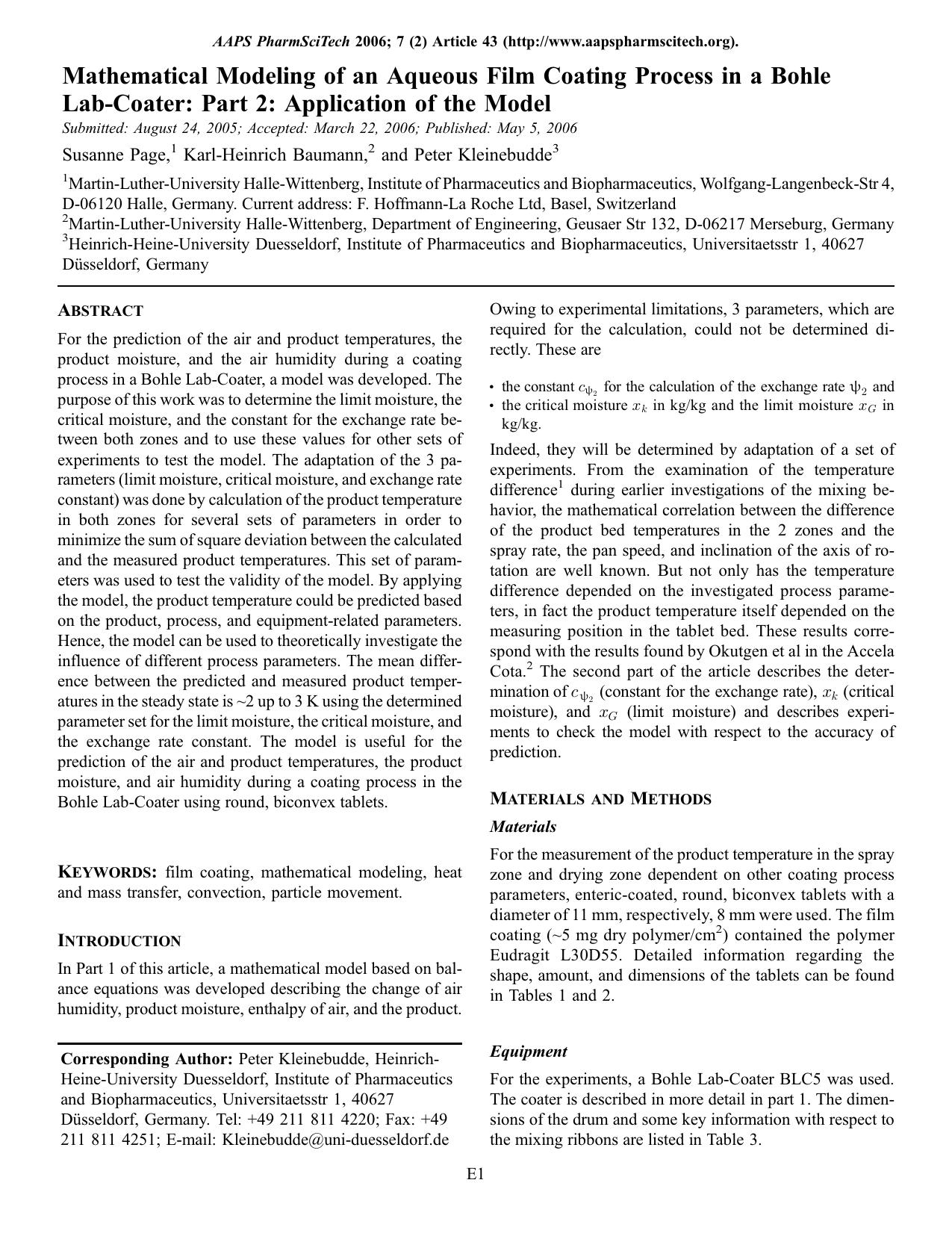 Mathematical modeling of an aqueous film coating process in a Bohle Lab-Coater: Part 2: Application of the model by Unknown
