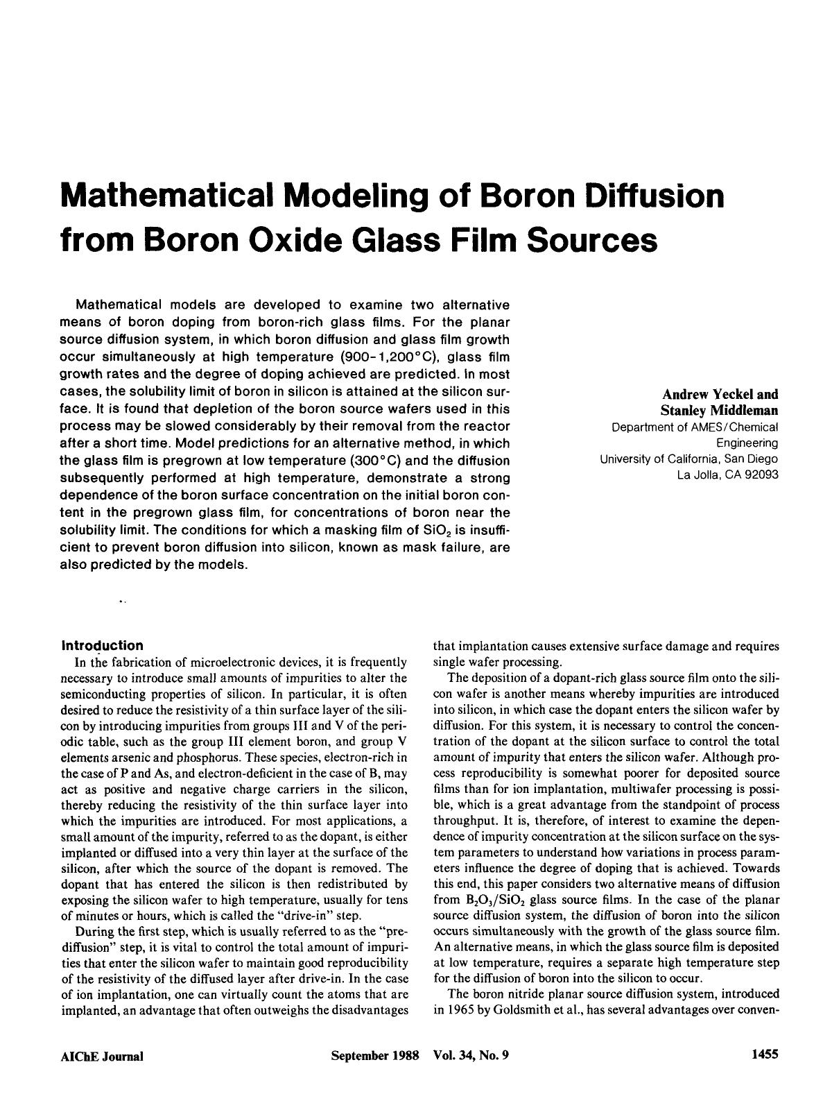 Mathematical modeling of boron diffusion from boron oxide glass film sources by Unknown