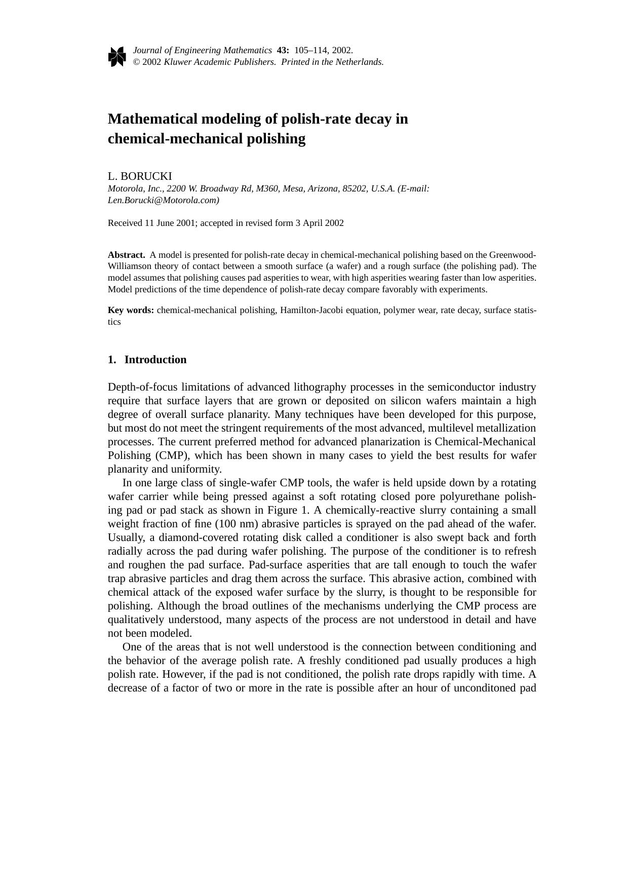 Mathematical modeling of polish-rate decay in chemical-mechanical polishing by Unknown