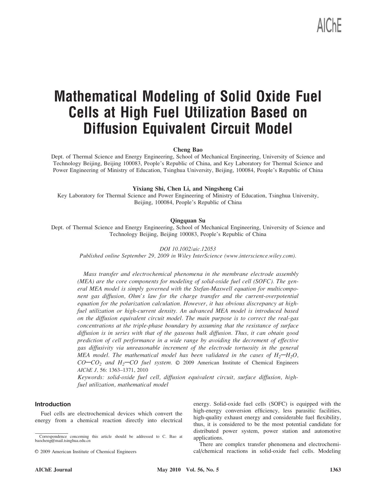 Mathematical modeling of solid oxide fuel cells at high fuel utilization based on diffusion equivalent circuit model by Unknown