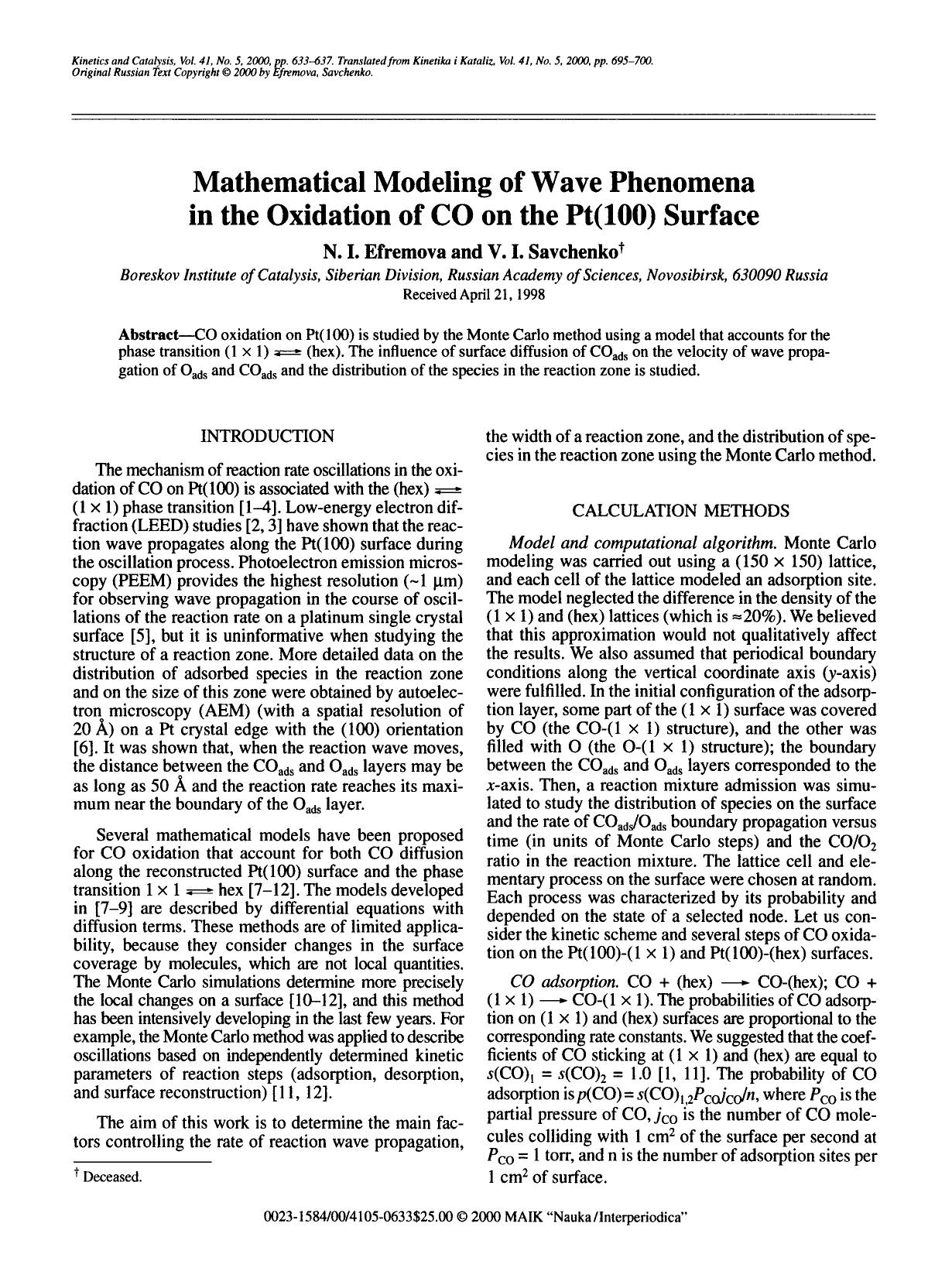 Mathematical modeling of wave phenomena in the oxidation of CO on the Pt(l00) surface by Unknown